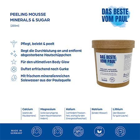 Produkt mit Text und Icons. Aufschrift: Peeling Mousse Minerals & Sugar, Das Beste vom Paul. Mit Inhaltsstoffen.