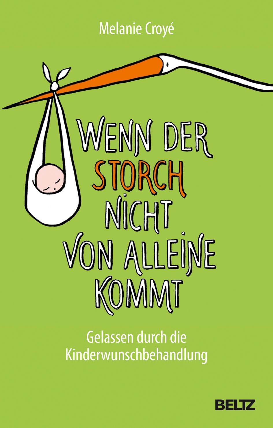 Buchcover mit grünem Hintergrund. Titel: Wenn der Storch nicht von alleine kommt. Autor: Melanie Croyé. Verlag: BELTZ. Illustration: Storch mit Baby.