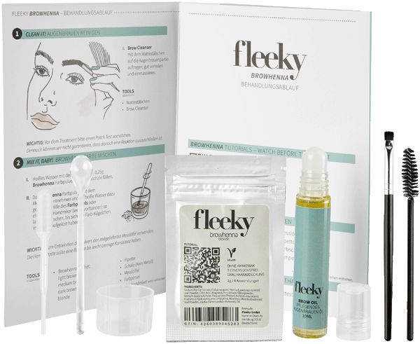 Fleeky Browhenna Kit mit Anleitungen und Zubehör. Enthält Box, Henna-Beutel, Pinsel, Bürste, Spatel und Ölflasche.