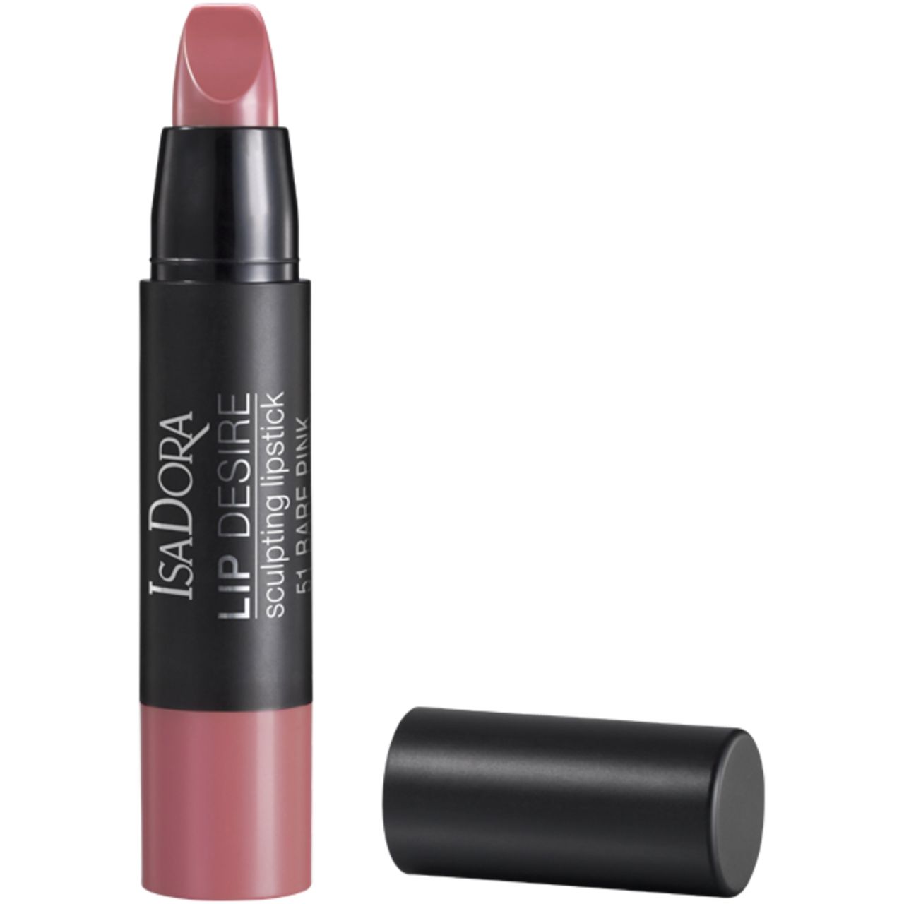 IsaDora Lip Desire Sculpting Lipstick, geöffnet. Schwarzer Stift mit rosafarbenem Lippenstift. Deckel daneben.