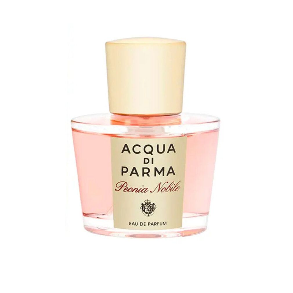 Glasflakon mit rosa Flüssigkeit. Goldfarbener Deckel. Aufschrift: Acqua di Parma Peonia Nobile. Etikett.