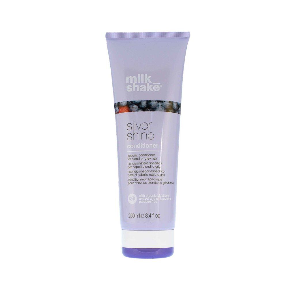Lila Tube mit "milk shake" und "Silver Shine Conditioner" Aufschrift. Enthält 250 ml. Mit Blaubeeren-Motiv.