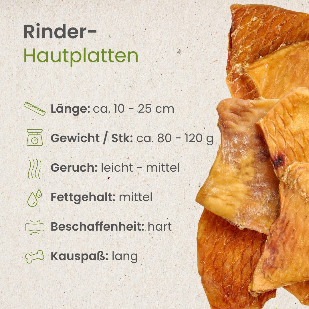 Getrocknete Rinderhautplatten mit Angaben zu Länge, Gewicht und Beschaffenheit.