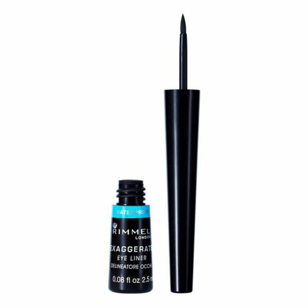 Schwarzer Eyeliner mit Applikator. Flasche mit blauer Banderole. Aufschrift: Rimmel London Exaggerate Eye Liner Waterproof 003.