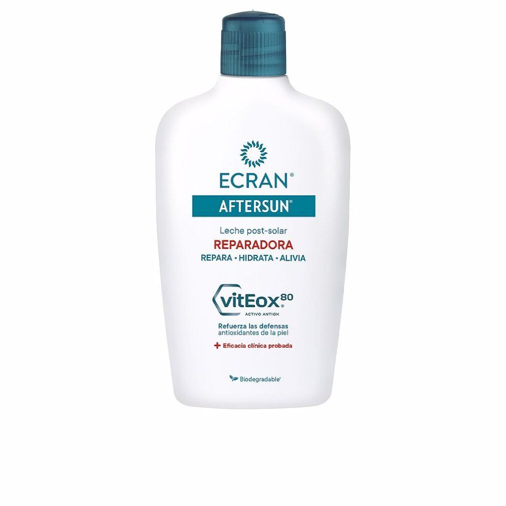 Weiße Flasche mit blauem Deckel. Aufschrift: ECRAN AFTERSUN, Reparierende After Sun Milch mit vitEox80. Klinisch getestet.