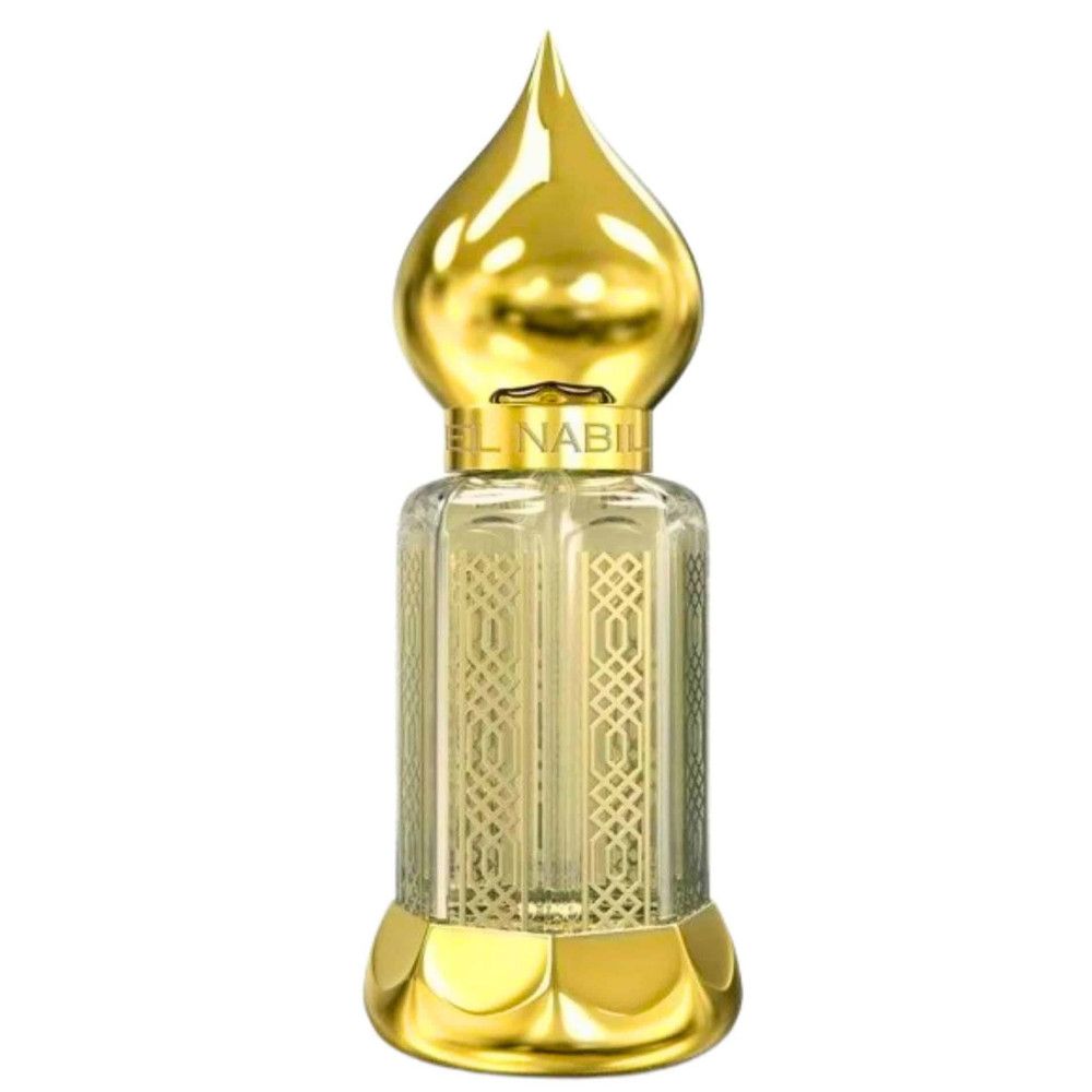 Parfümflakon mit goldener Kappe und Verzierung. Aufschrift: El Nabil. Glasflakon mit goldfarbenem Muster.