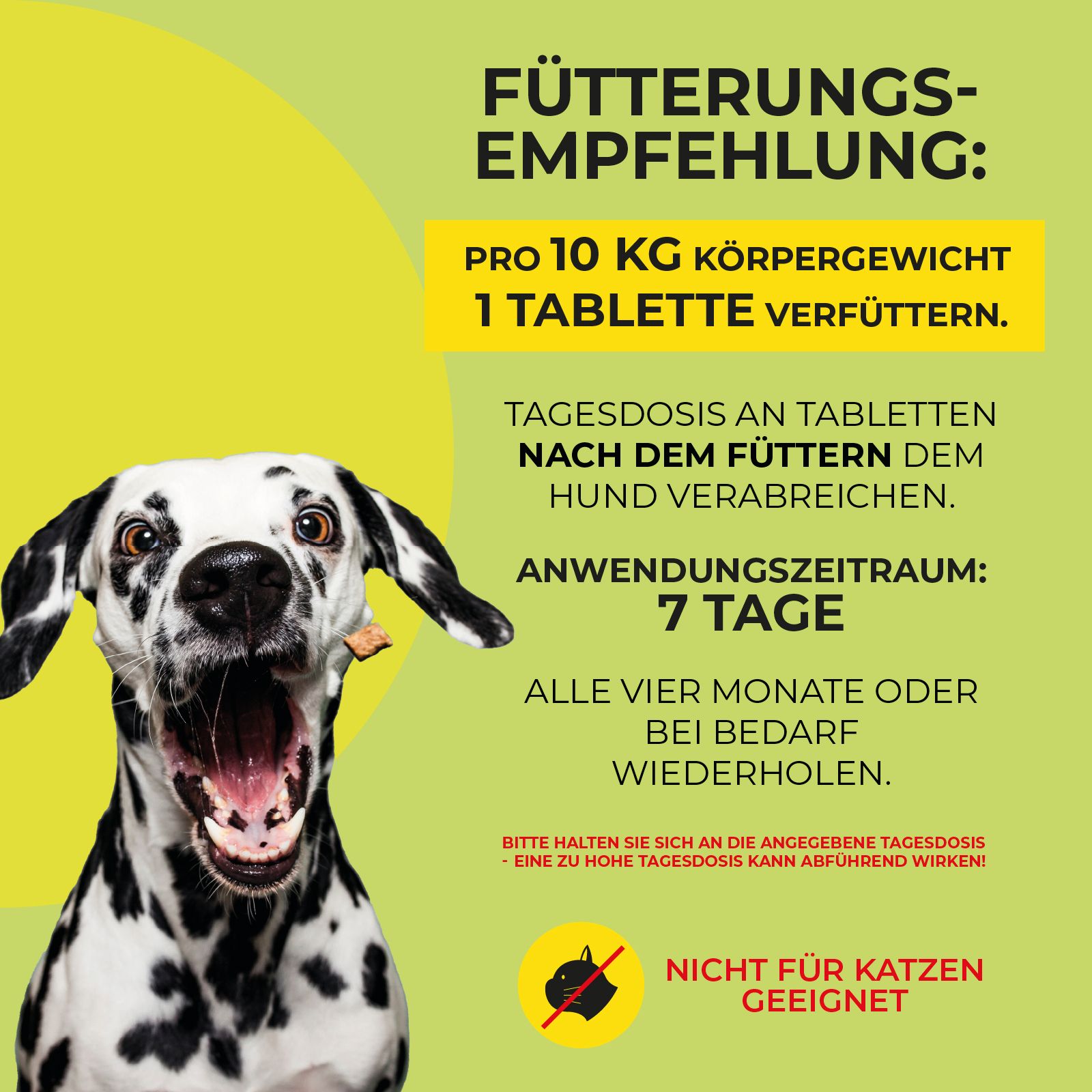 Werbebild mit Hund. Text zur Fütterungsempfehlung für Wurmmittel Hund. Nicht für Katzen geeignet.