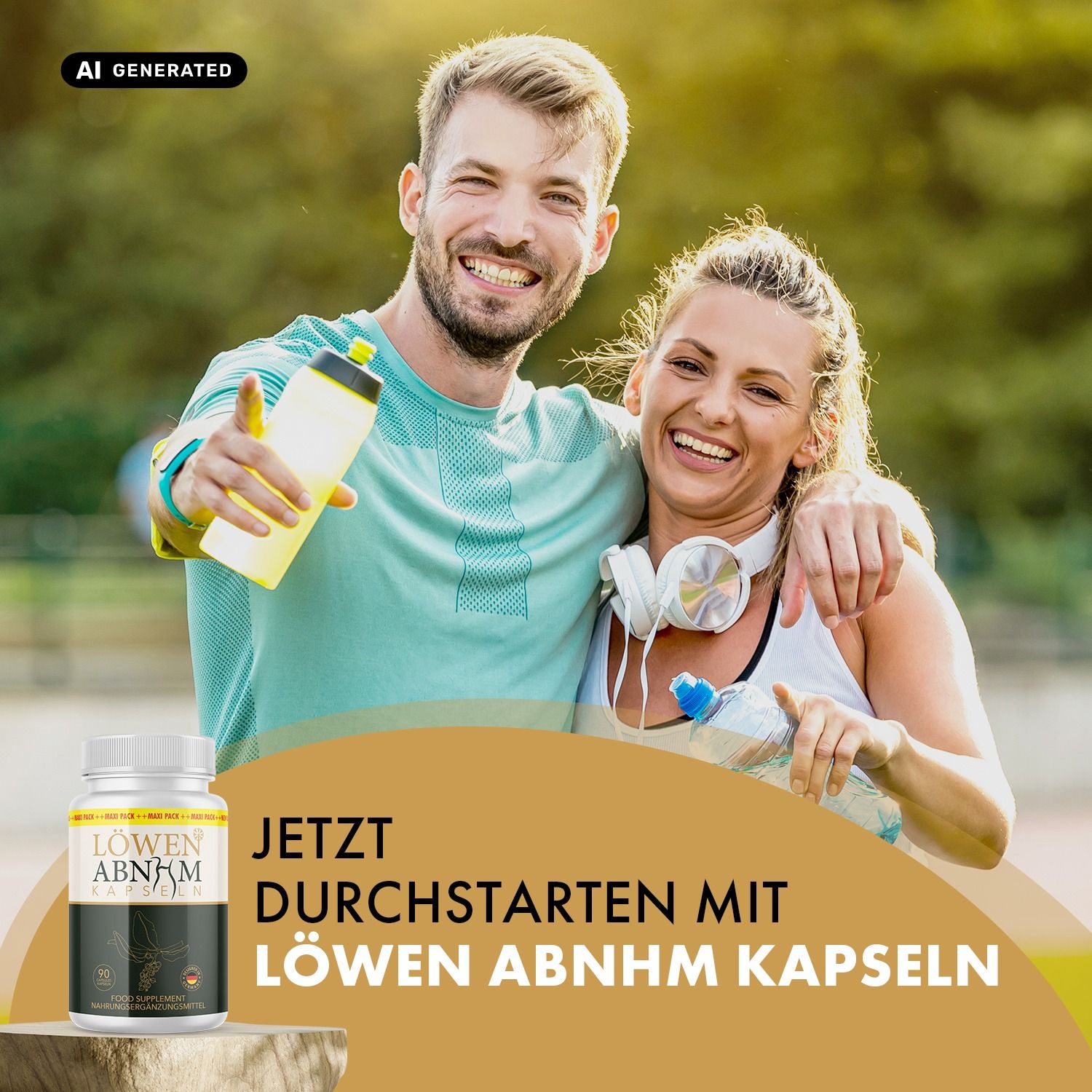 Sportliches Paar lacht, hält Wasserflaschen. LÖWEN Abnehmkapseln für den Start.