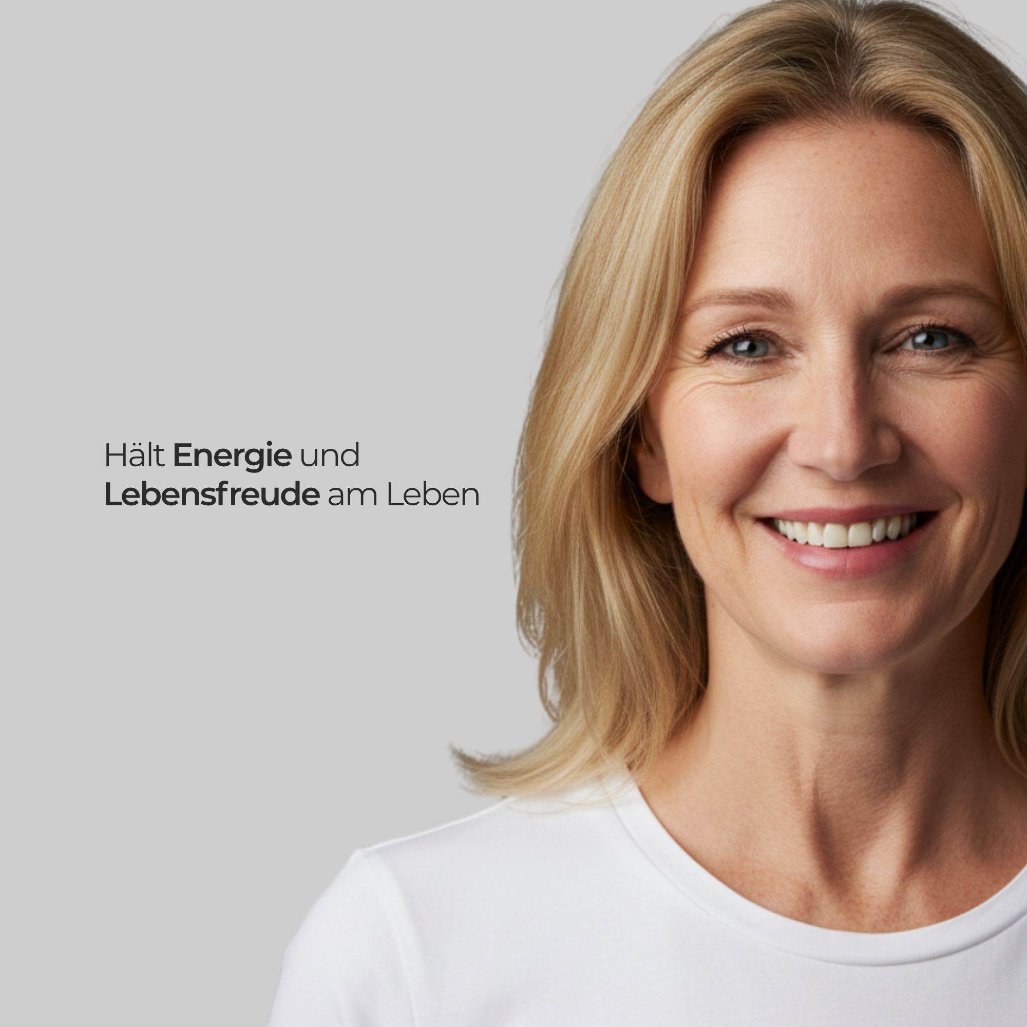 Porträt einer lächelnden Frau mit blonden Haaren. Text: Hält Energie und Lebensfreude am Leben.
