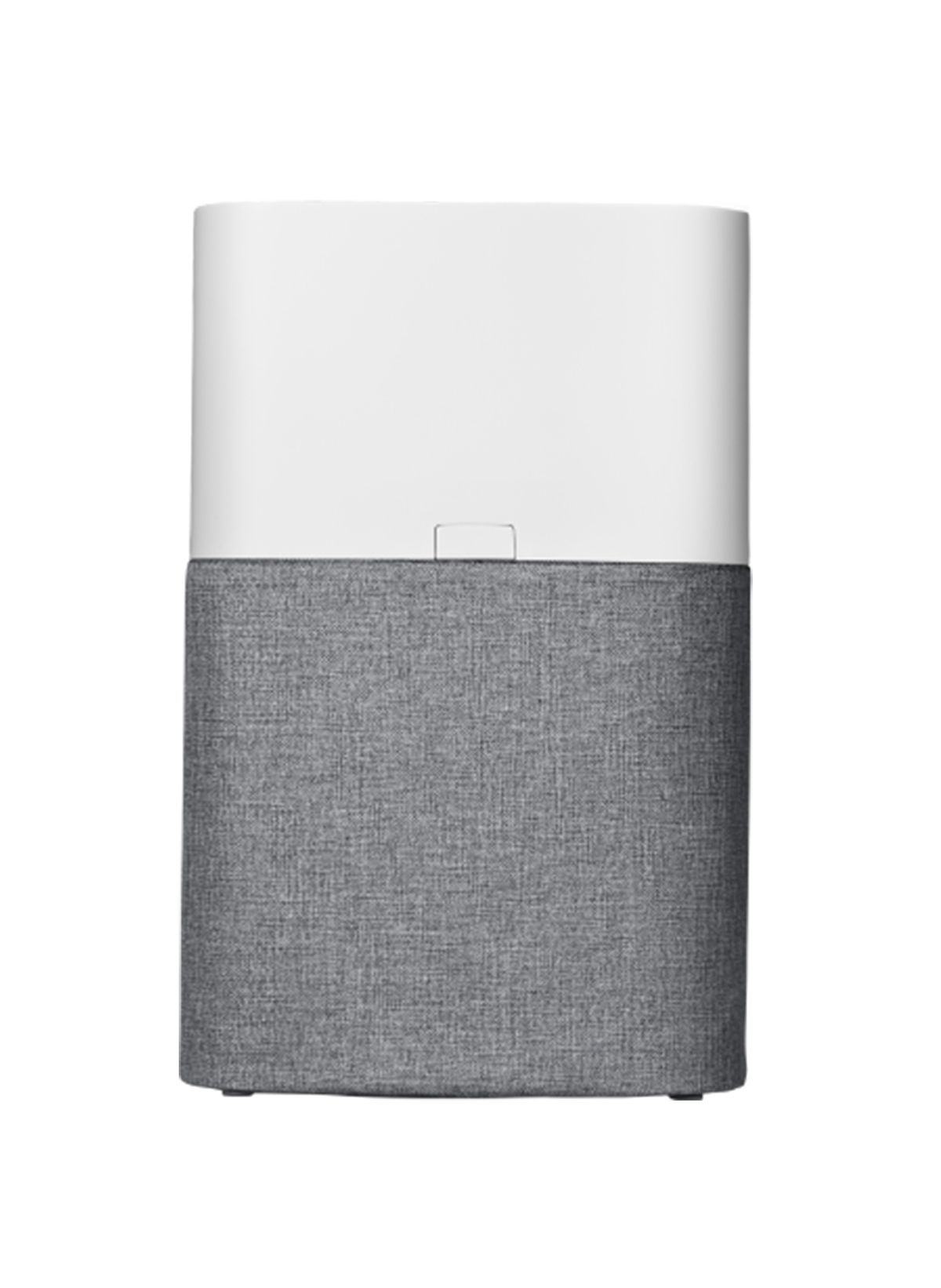 Luftreiniger, zweifarbig. Oberteil weiß, Unterteil grau. Rechteckige Form. Stoffstruktur am Unterteil. Kleiner Knopf oben.