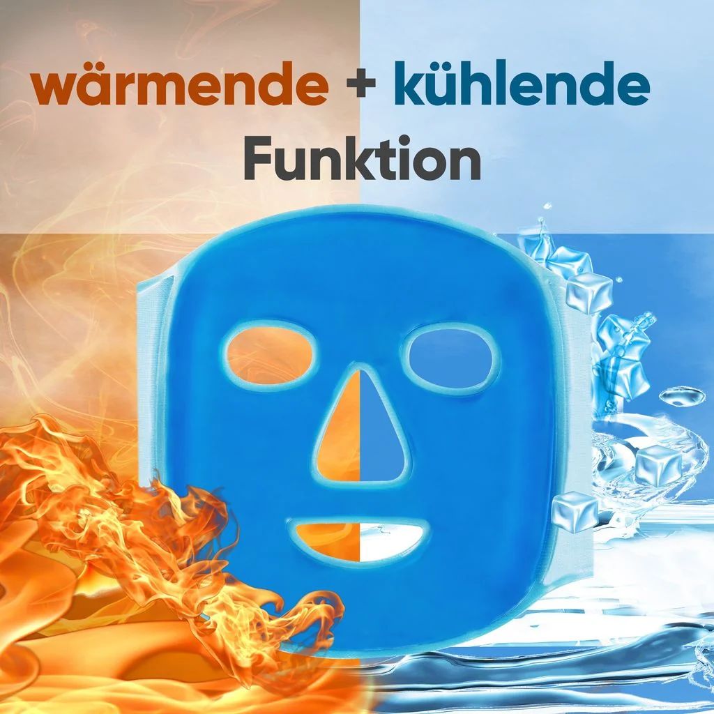 Blaue Kühlmaske mit Darstellung von Wärme- und Kältefunktion, Eiswürfeln und Flammen.