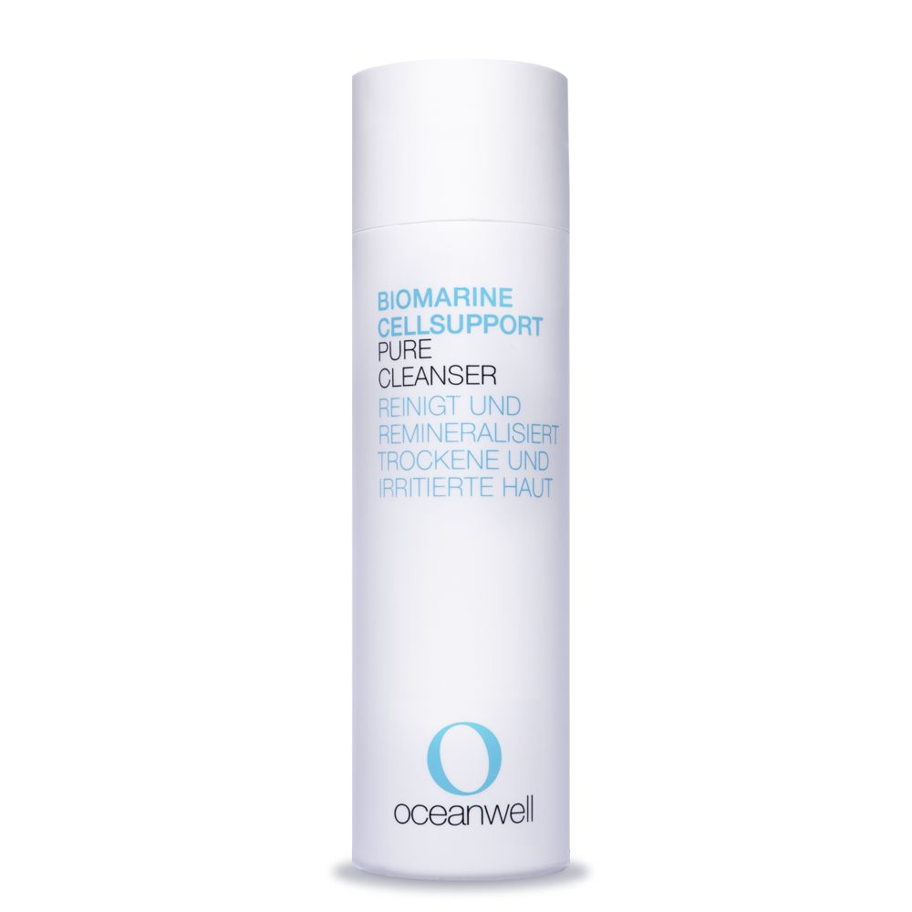 Zylindrische Flasche mit weißem Deckel. Text: Biomarine Cellsupport Pure Cleanser. Reinigt und remineralisiert trockene und irritierte Haut. Logo: oceanwell.