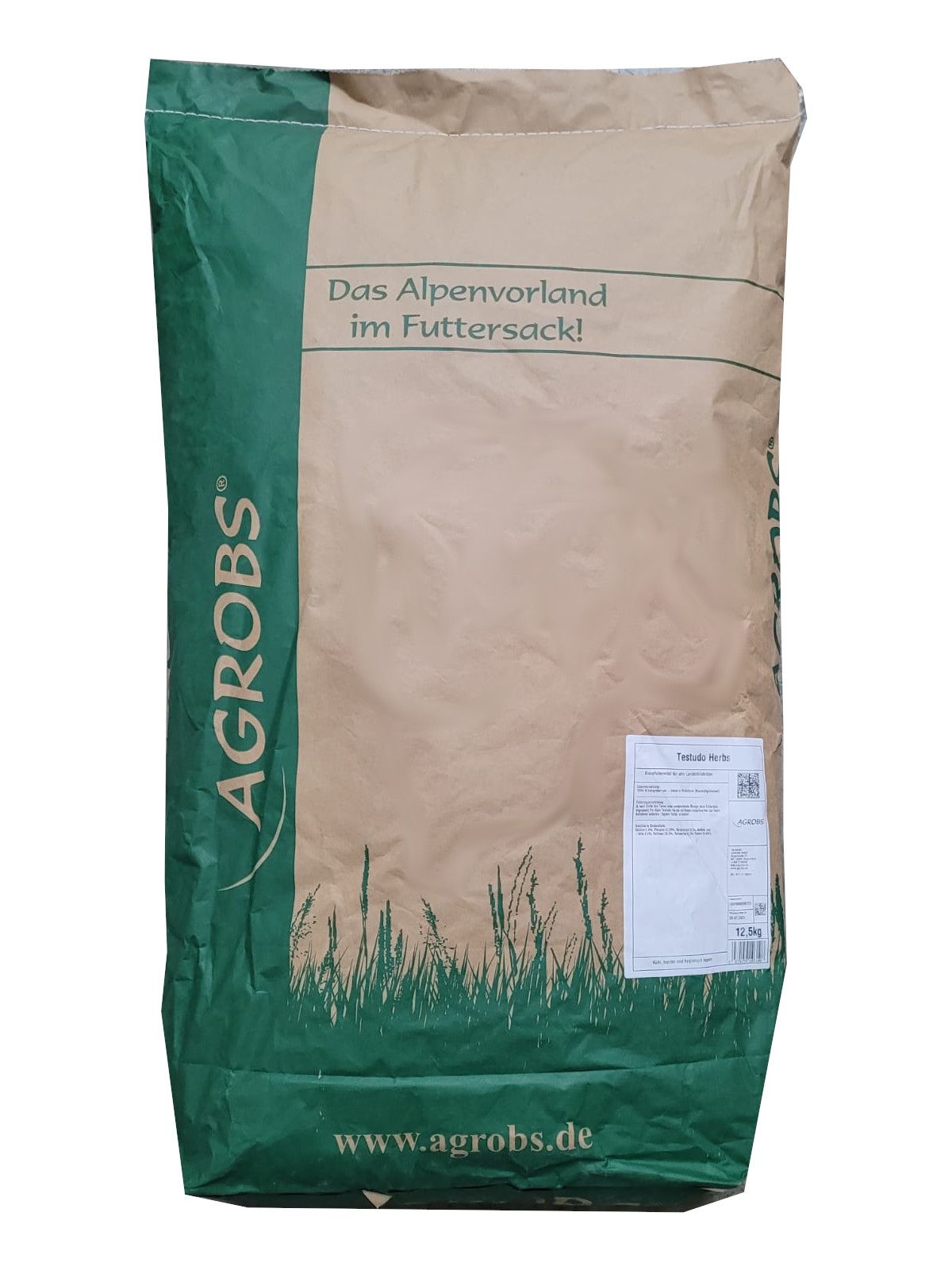Großer Papiersack mit grünem Aufdruck. Aufschrift: AGROBS. Text: Das Alpenvorland im Futtersack! Etikett mit Produktinformationen.