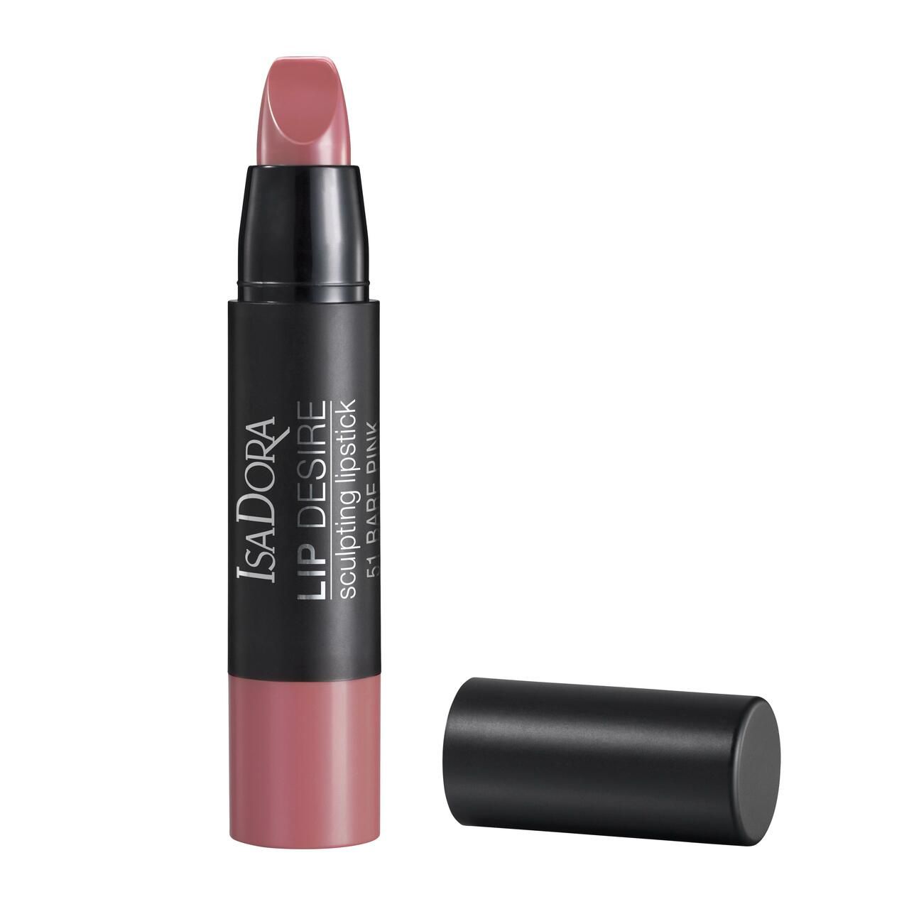 IsaDora Lip Desire Sculpting Lipstick, geöffnet. Schwarzer Stift mit rosafarbenem Lippenstift. Deckel daneben.