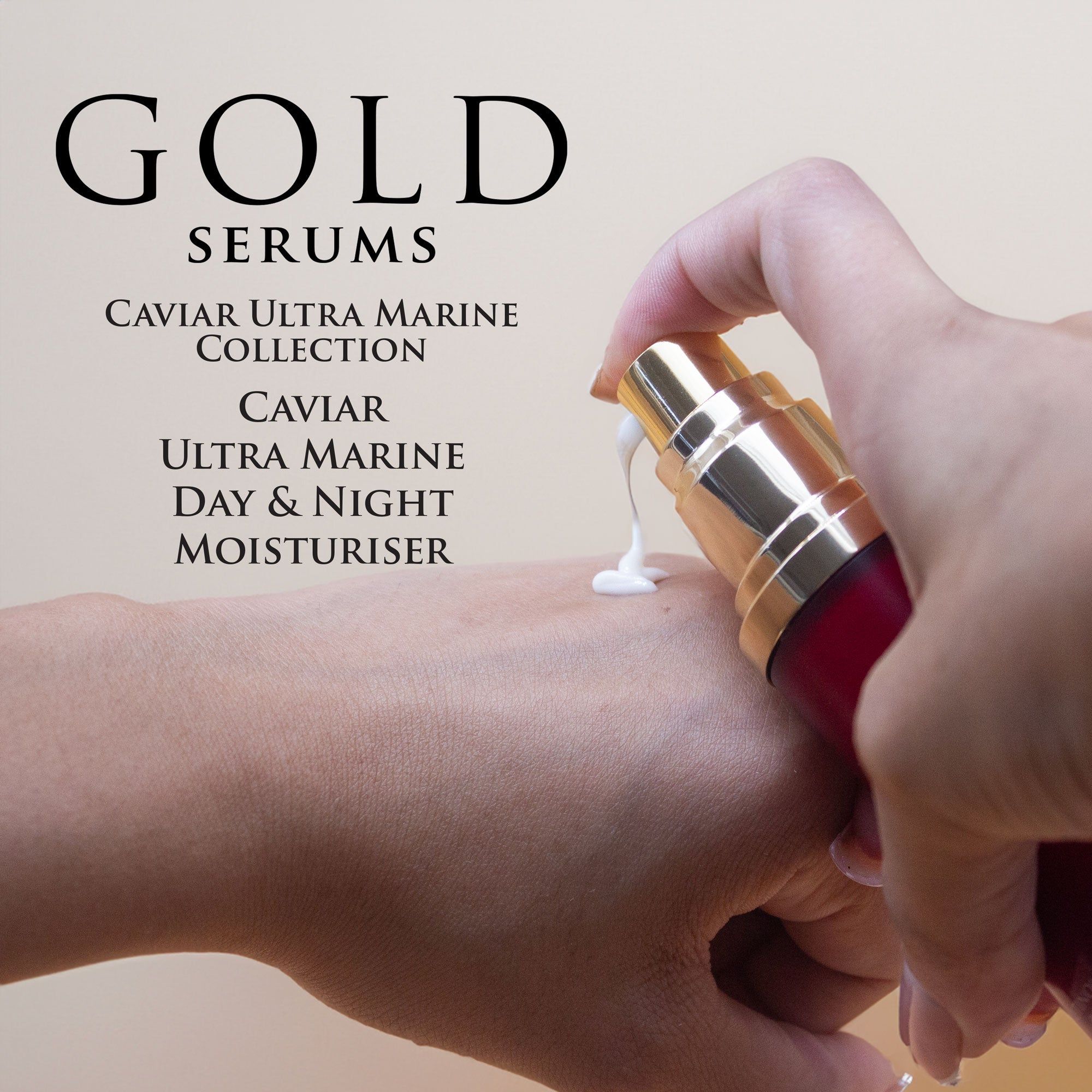 Gold Serums Caviar Ultra Marine Tages- und Nachtfeuchtigkeitspflege. Creme wird auf die Hand aufgetragen. Goldene und rote Flasche.