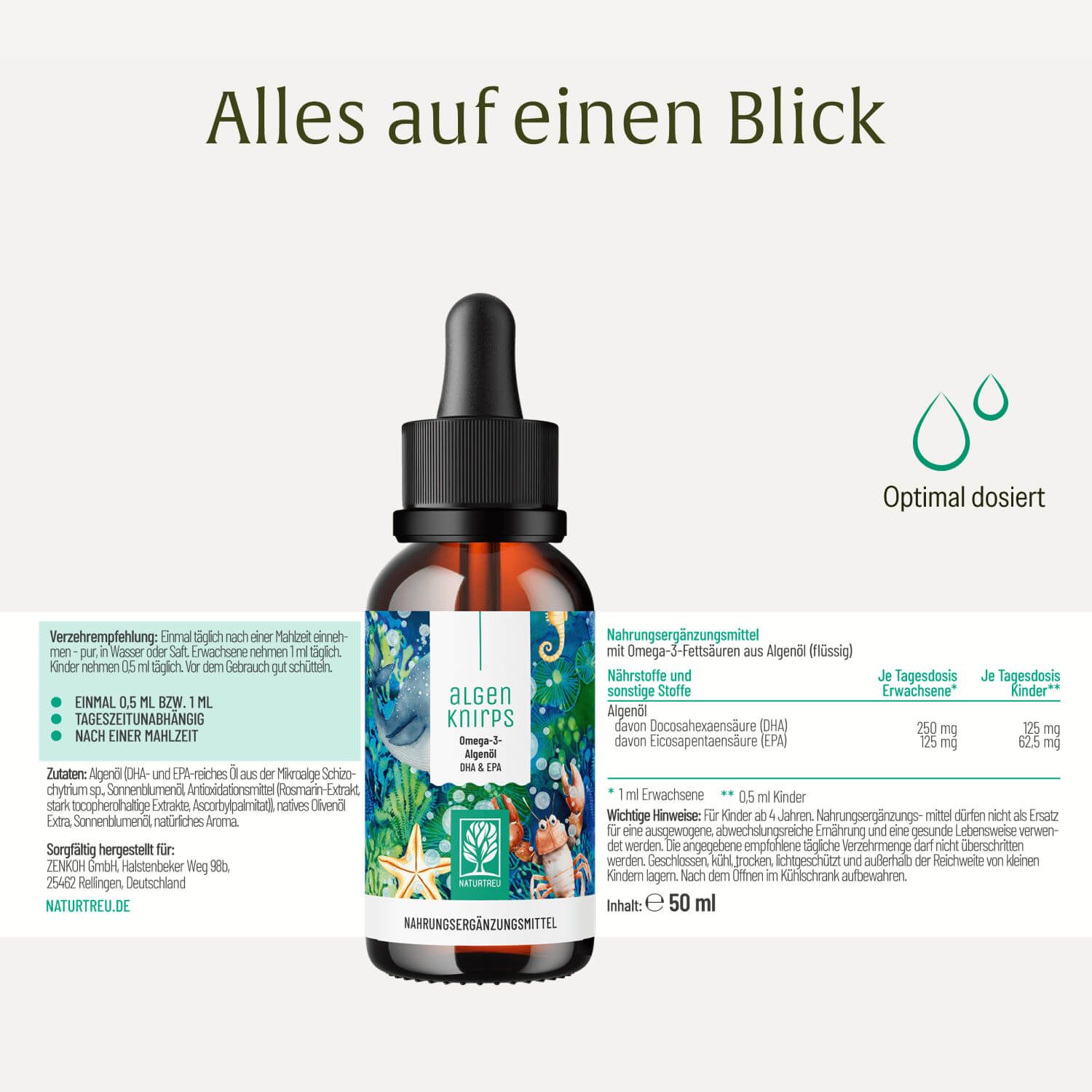 Flasche Algenknirps Omega-3 Algenöl Tropfen, detaillierte Produktinformationen auf dem Etikett.