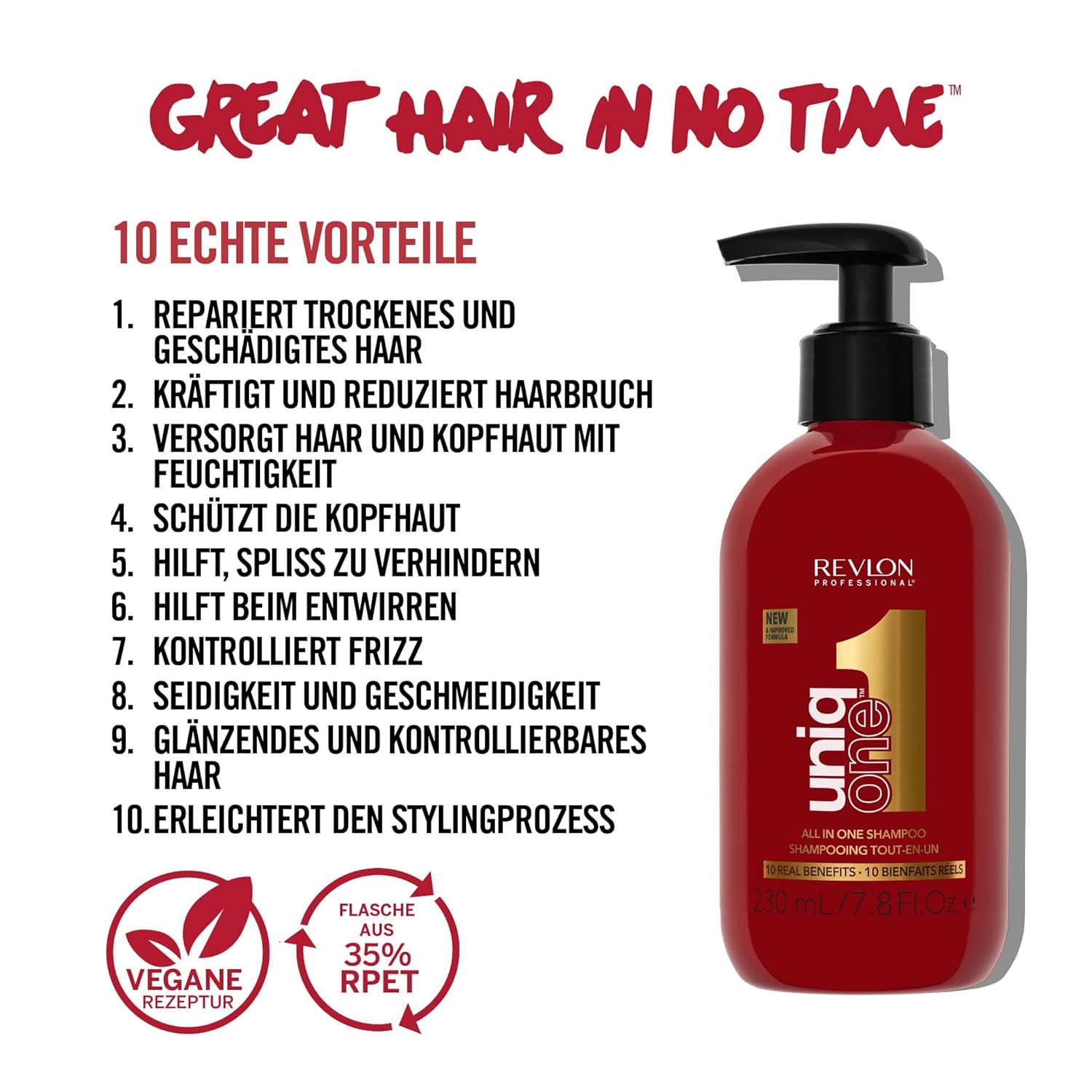 Rote Flasche mit schwarzem Pumpdeckel. Aufschrift: Revlon Professional UniqOne. All in One Shampoo. Vegan-Siegel.