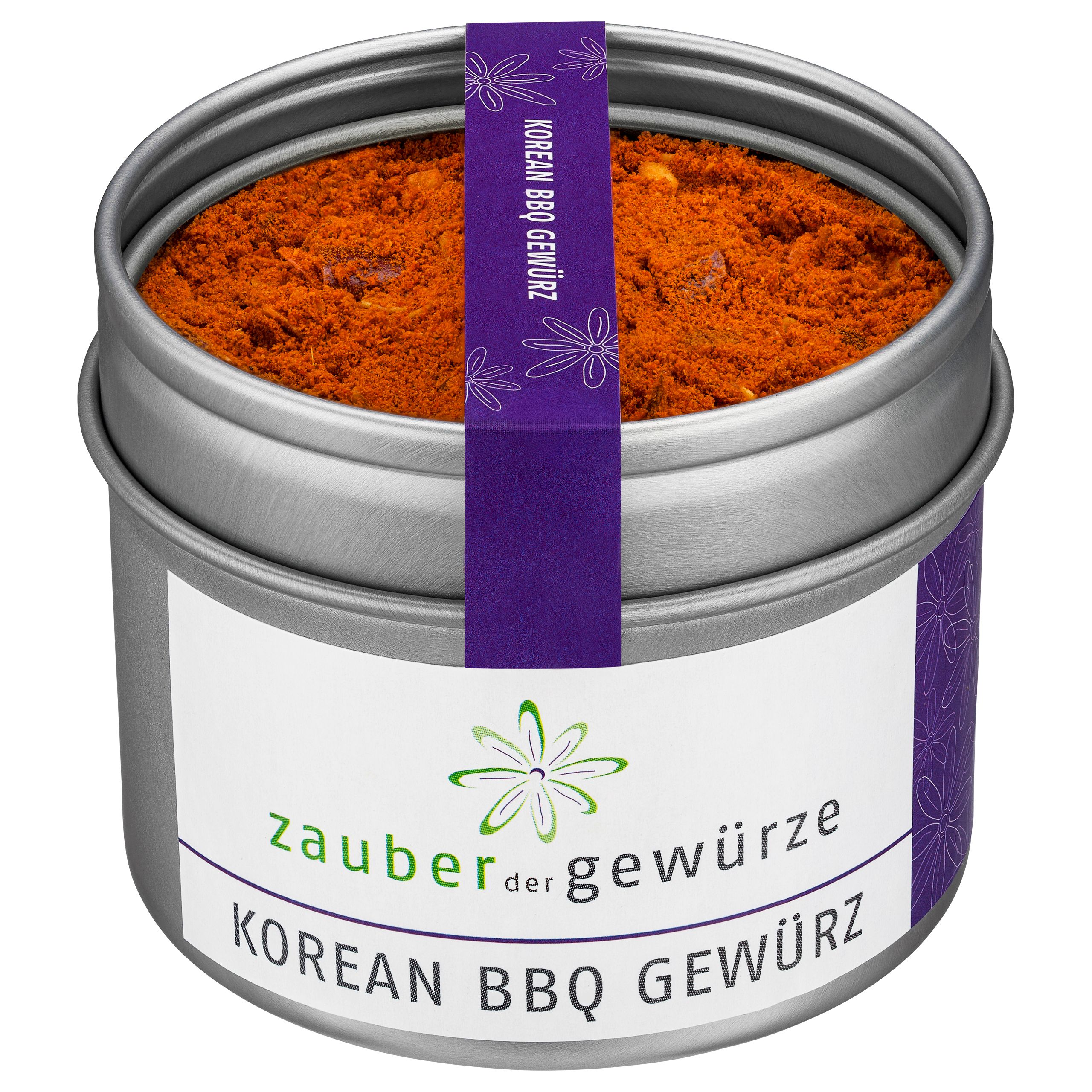 Runde Dose mit koreanischem BBQ-Gewürz. Aufkleber mit Produktname und Logo. Lila Band mit Schriftzug.