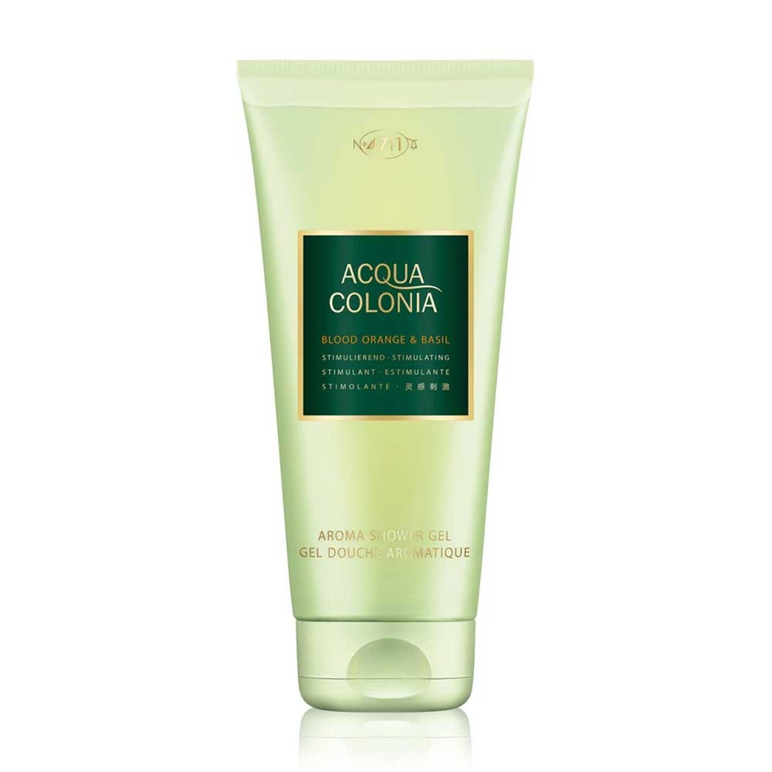Grünes Aroma-Duschgel mit schwarzem Etikett. Aufschrift: Acqua Colonia Blood Orange & Basil. Tube.