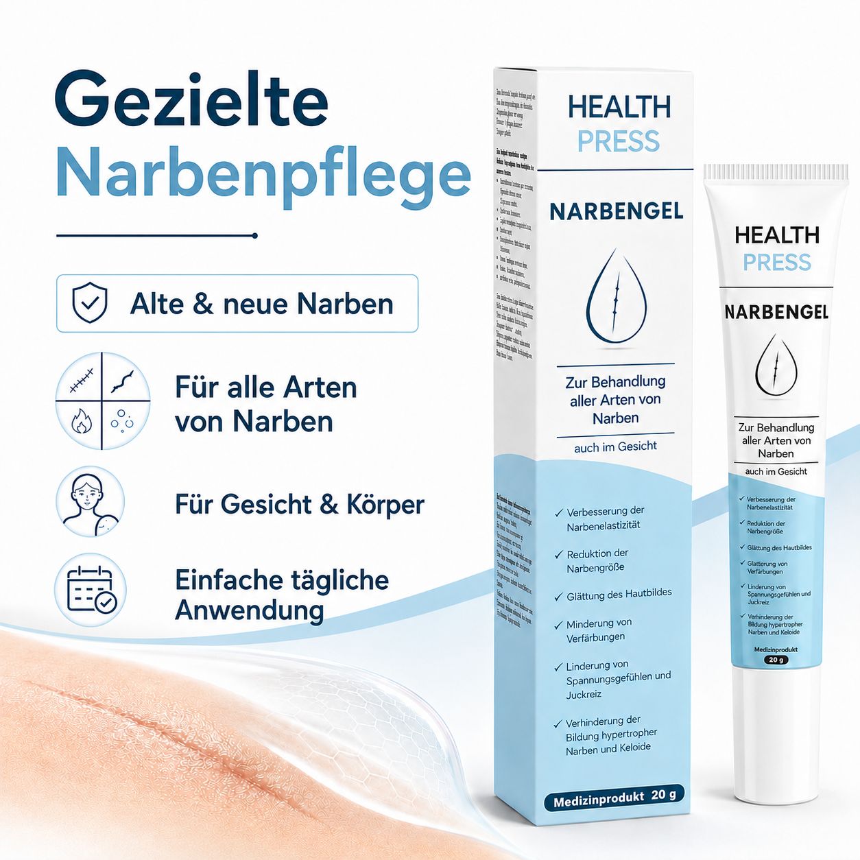 Health Press Narbengel für gezielte Narbenpflege, geeignet für Gesicht und Körper.