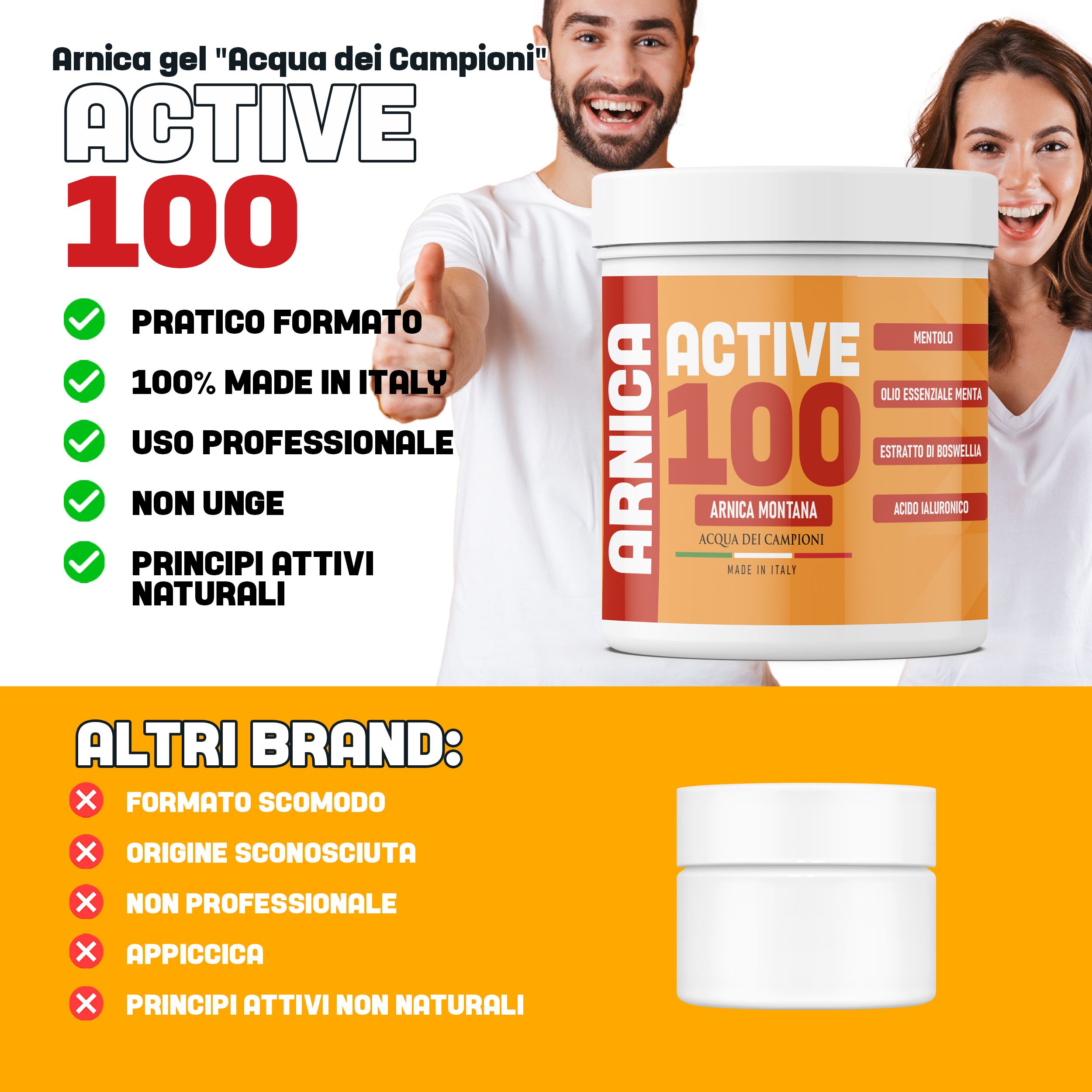 Behälter "Arnica Active 100" mit grünen Häkchen: Praktische Größe, 100% Made in Italy, professionelle Anwendung, nicht fettend, natürliche Wirkstoffe.