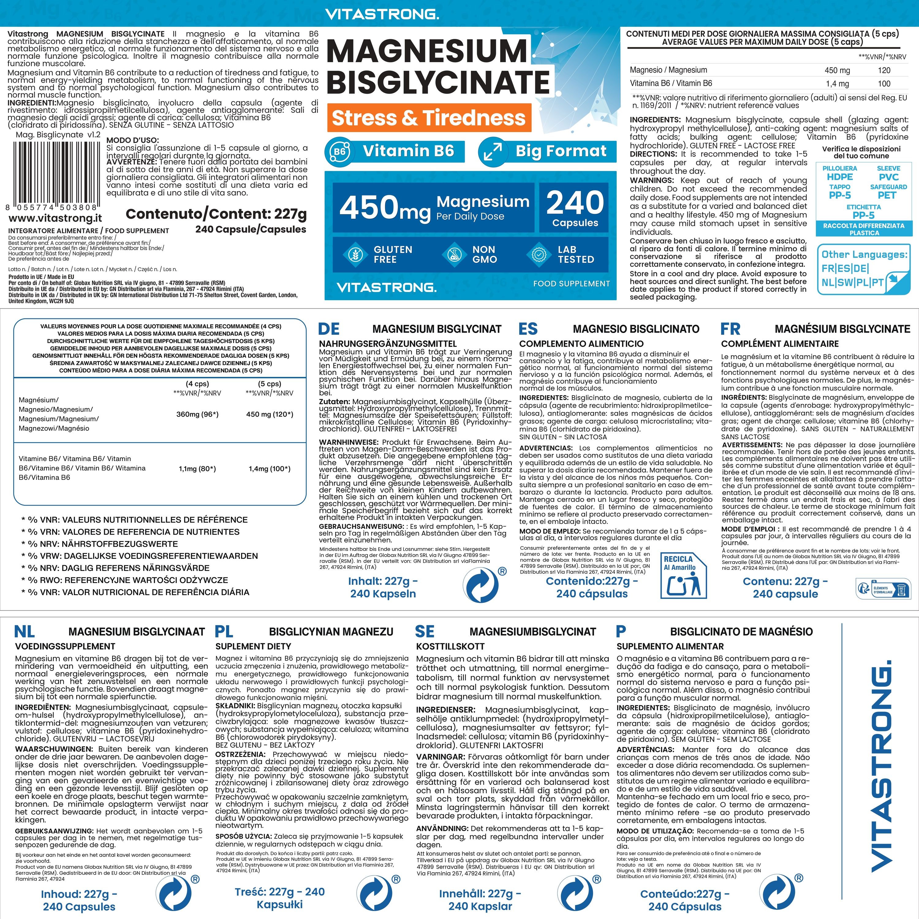 Drei Flaschen Vitastrong Magnesium Bisglycinat, glutenfrei, ohne GMO, Labor getestet.