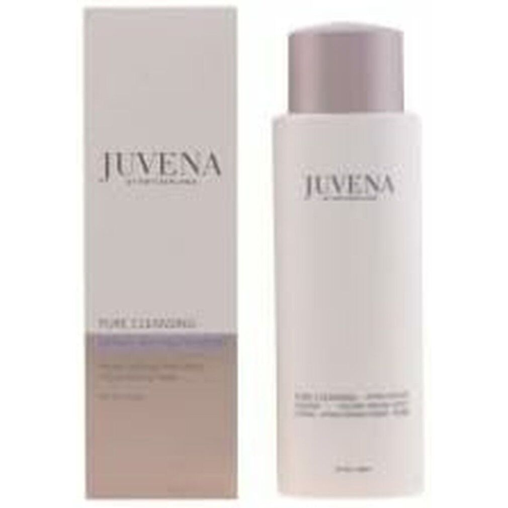 Weißer Flakon und Schachtel. Aufschrift: Juvena of Switzerland. Produktname: Pure Cleansing Lifting Peeling Powder. Verpackung.