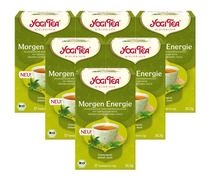 Sechs grüne Teepackungen mit "Yogi Tea Morgen Energie BIO"-Logo. Jede Packung zeigt eine Tasse Tee und Zutaten.