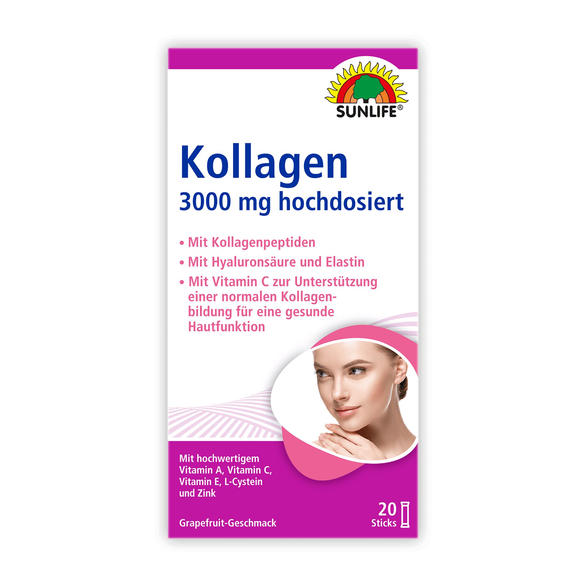 Vorderseite der Sunlife Kollagen-Hyaluronsäure-Vitamin C Verpackung. Aufdruck: Kollagen 3000 mg hochdosiert. 20 Sticks.