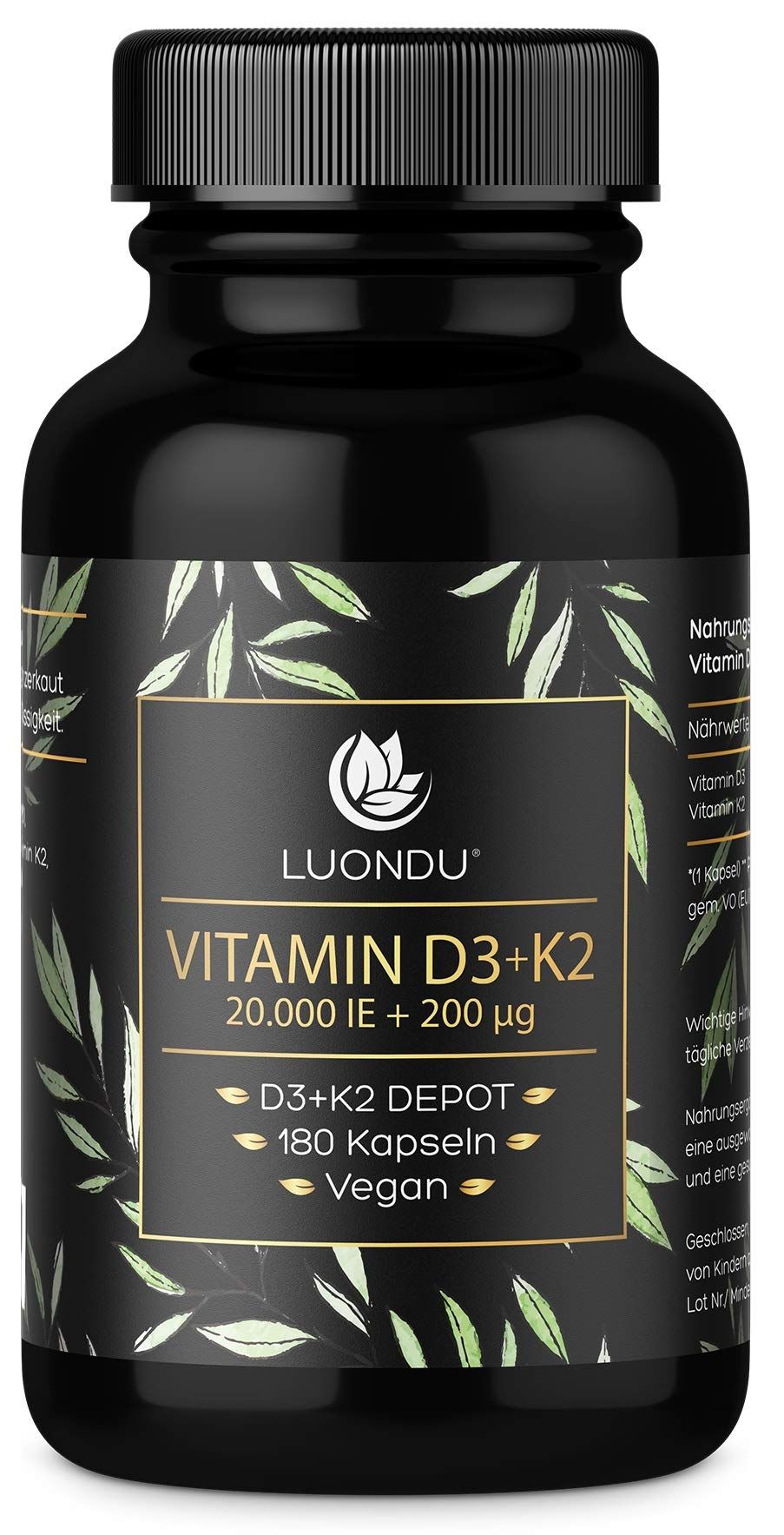 Luondu Vitamin D3+K2: 180 Kapseln, 20.000 IE D3, 200 µg K2, vegan.
