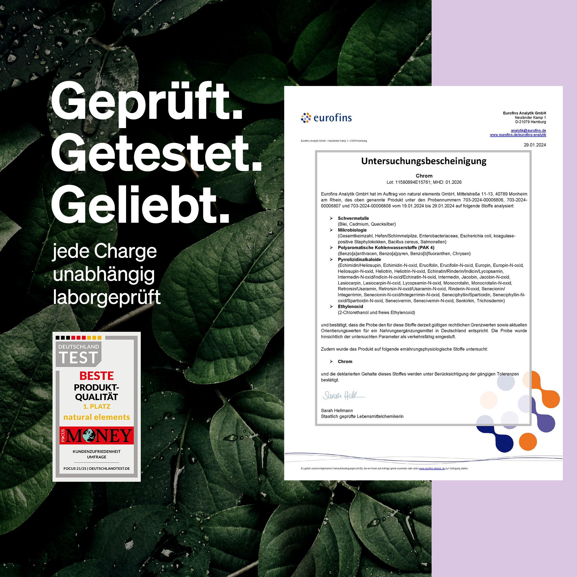 Zertifikat von Eurofins. Text: "Geprüft. Getestet. Geliebt." Logo: "BESTE PRODUKT-QUALITÄT".