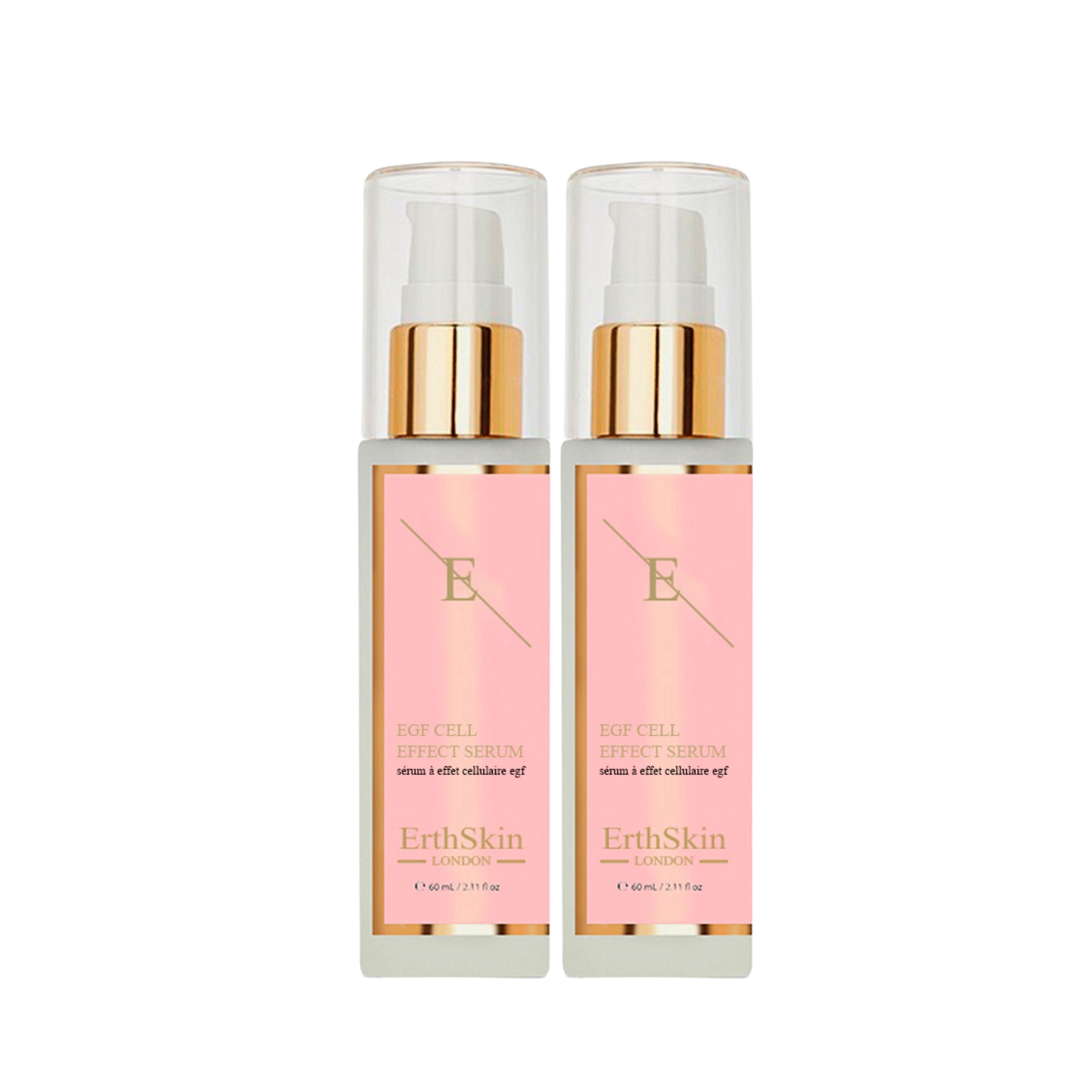 Twee flessen ErthSkin London EGF ZELL EFFEKTSERUM. Roze etiketten met tekst en logo. Gouden pompkopjes en transparante doppen.