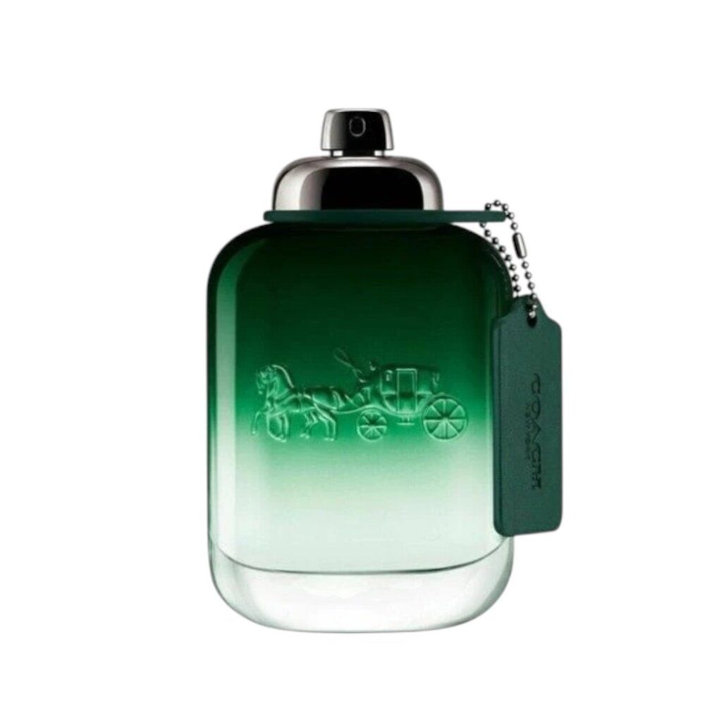 Coach Green Eau de Toilette Flakon mit silbernem Verschluss und Anhänger.