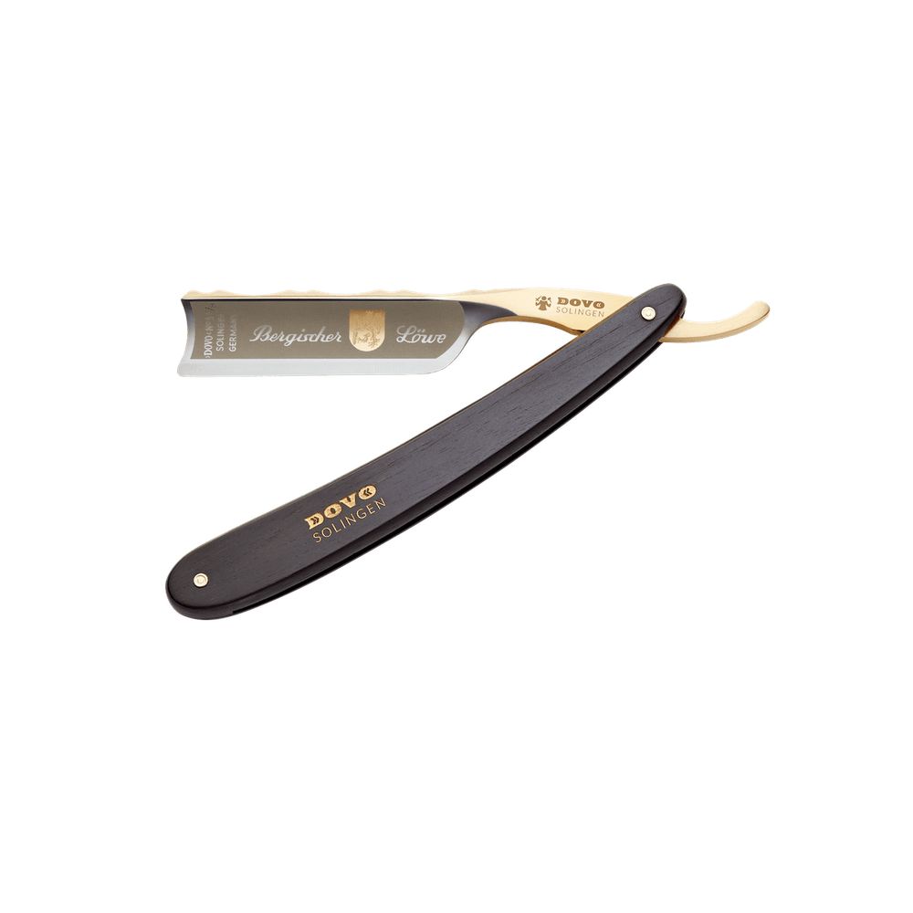 Rasiermesser mit geöffneter Klinge. Goldfarbene Klinge mit Schriftzug 'Bergischer Löwe' und 'DOVO Solingen'.