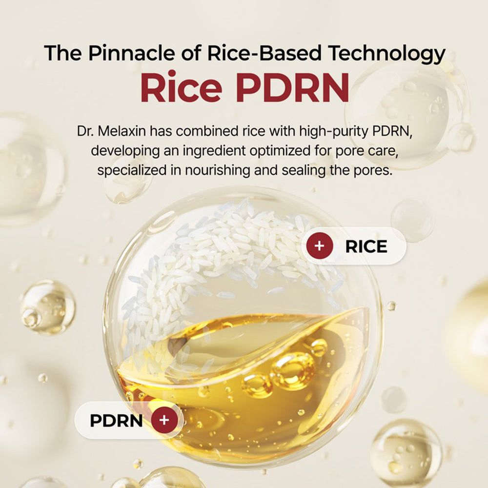 Grafik mit Reis-PDRN-Technologie. Reis und PDRN in einer Kugel dargestellt. Produktname: Dr. Melaxin.