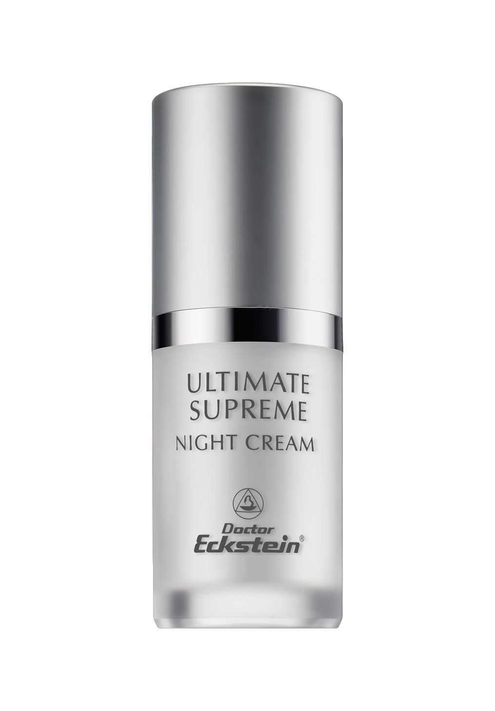 Zylinderförmige Flasche mit silbernem Deckel. Aufschrift: Ultimate Supreme Night Cream. Marke: Doctor Eckstein.