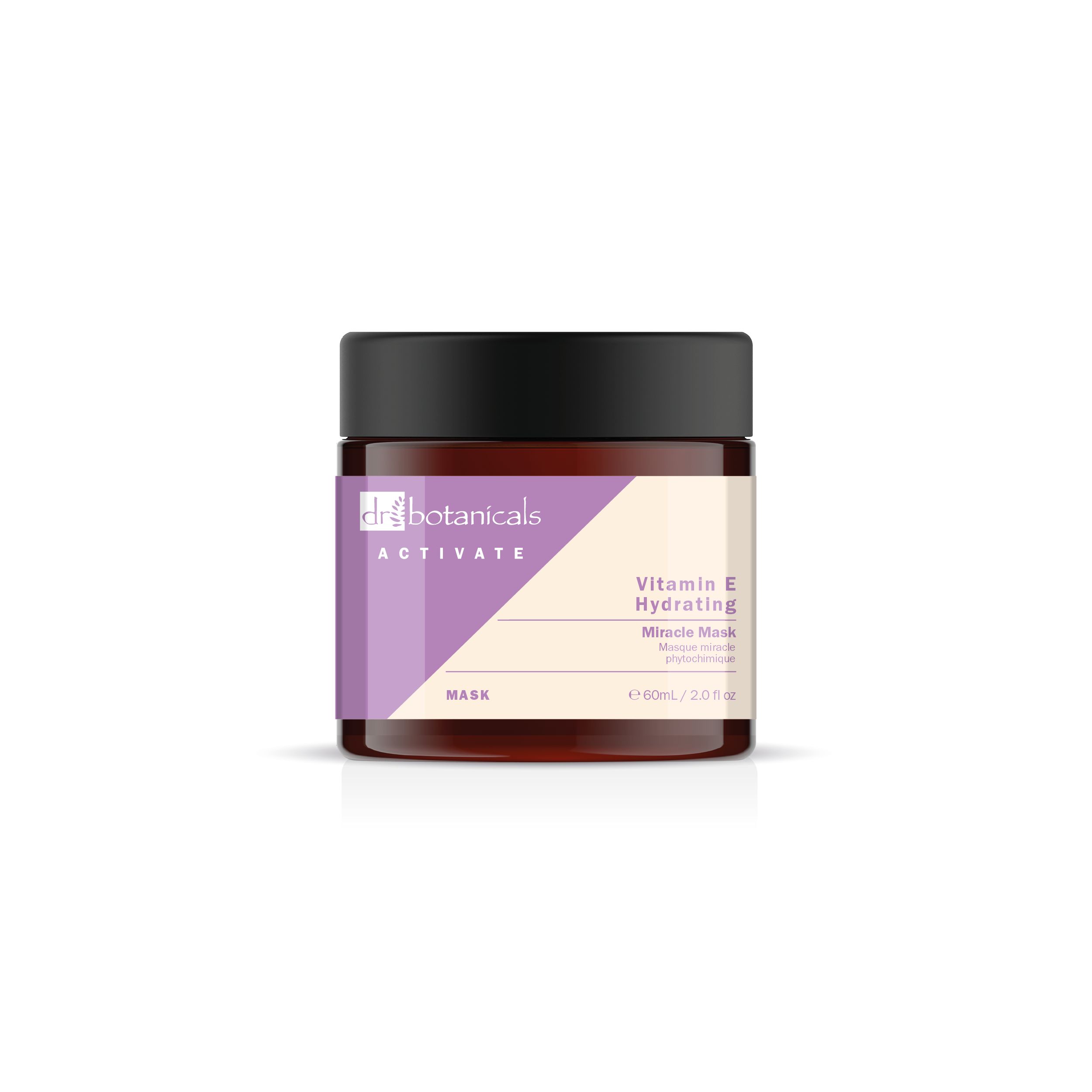 Dr Botanicals Maske. Aufschrift: Vitamin E Hydrating Miracle Mask. Braune Glasdose mit schwarzem Deckel.