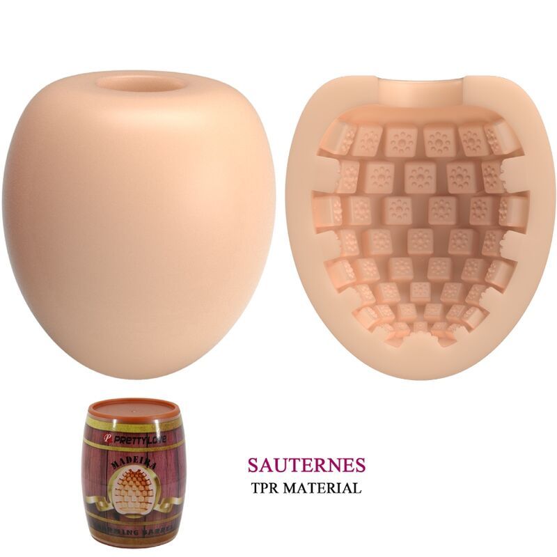Beiger Masturbator und Fass-Verpackung. Fass mit Aufschrift Pretty Love, Madeira. Innenseite des Masturbators mit Muster.