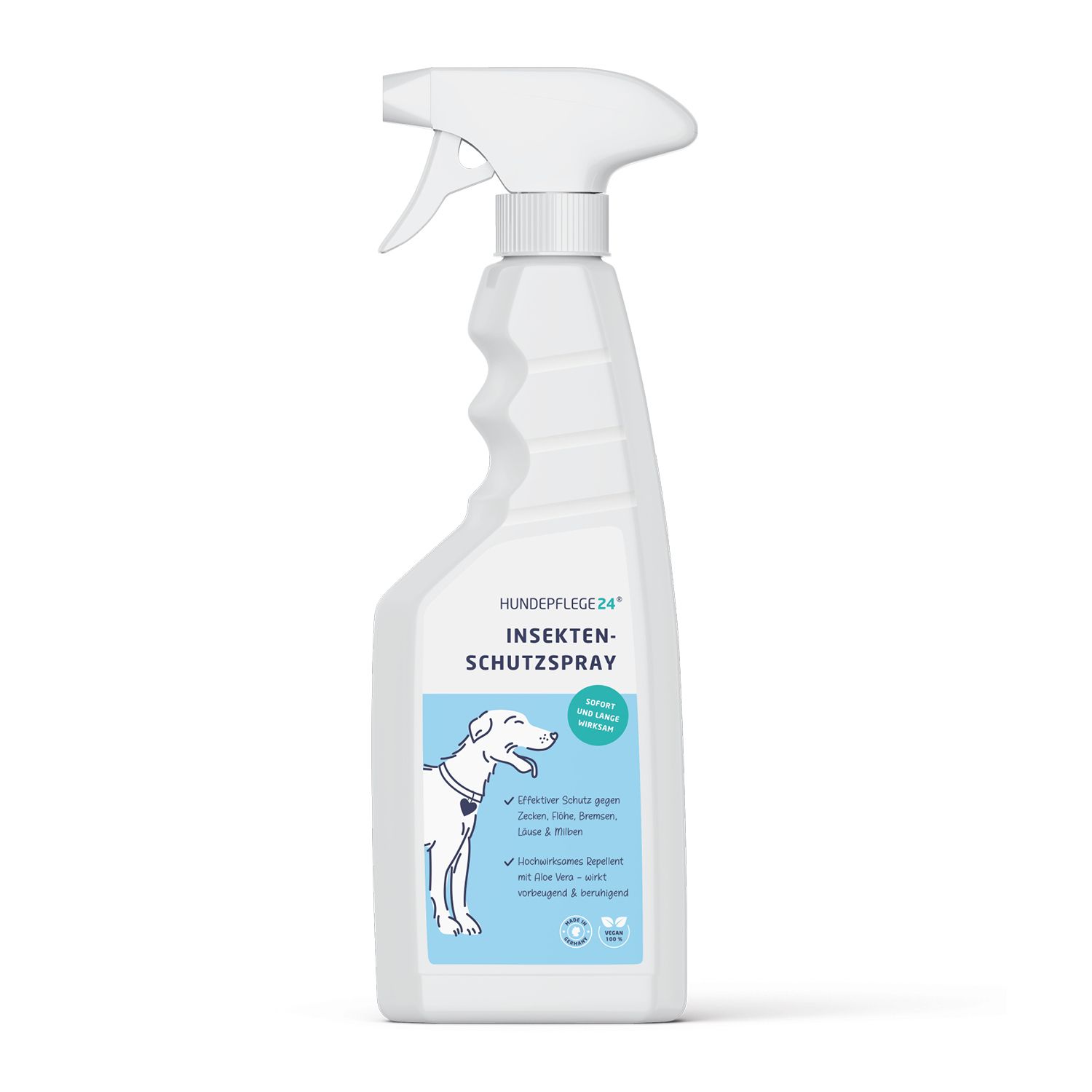 Weiße Sprühflasche mit Hundepflege24 Insektenschutzspray-Etikett. Abbildung eines Hundes. Sprühkopf.