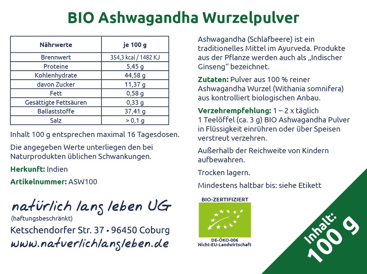 Rückseite der Verpackung mit Nährwertangaben und Text. BIO-Zertifizierung und Inhaltsangabe: 100 g.