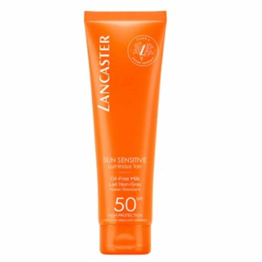 Orange Tube mit Lancaster-Logo und Produktinformationen. Text: Sun Sensitive Luminous Tan, SPF 50.