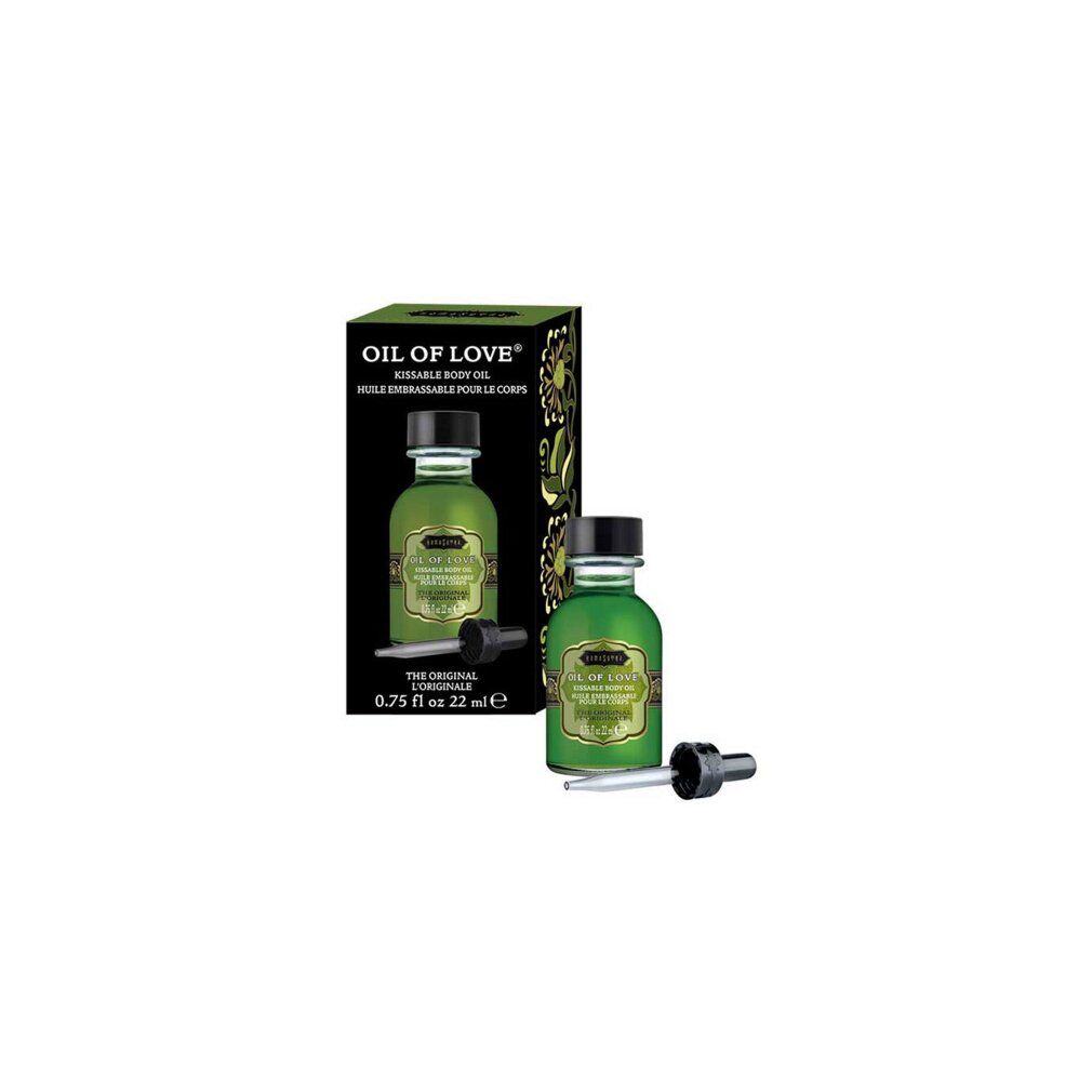 Kamasutra Öl des Lebens Flasche und Karton. Grüne Flasche mit Pipette, auf schwarzem Karton.