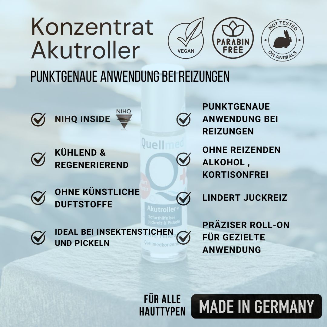 Produkt mit Logos: Vegan, Paraben Free, Nicht an Tieren getestet, Made in Germany. Text: Konzentrat Akutroller, punktgenaue Anwendung.