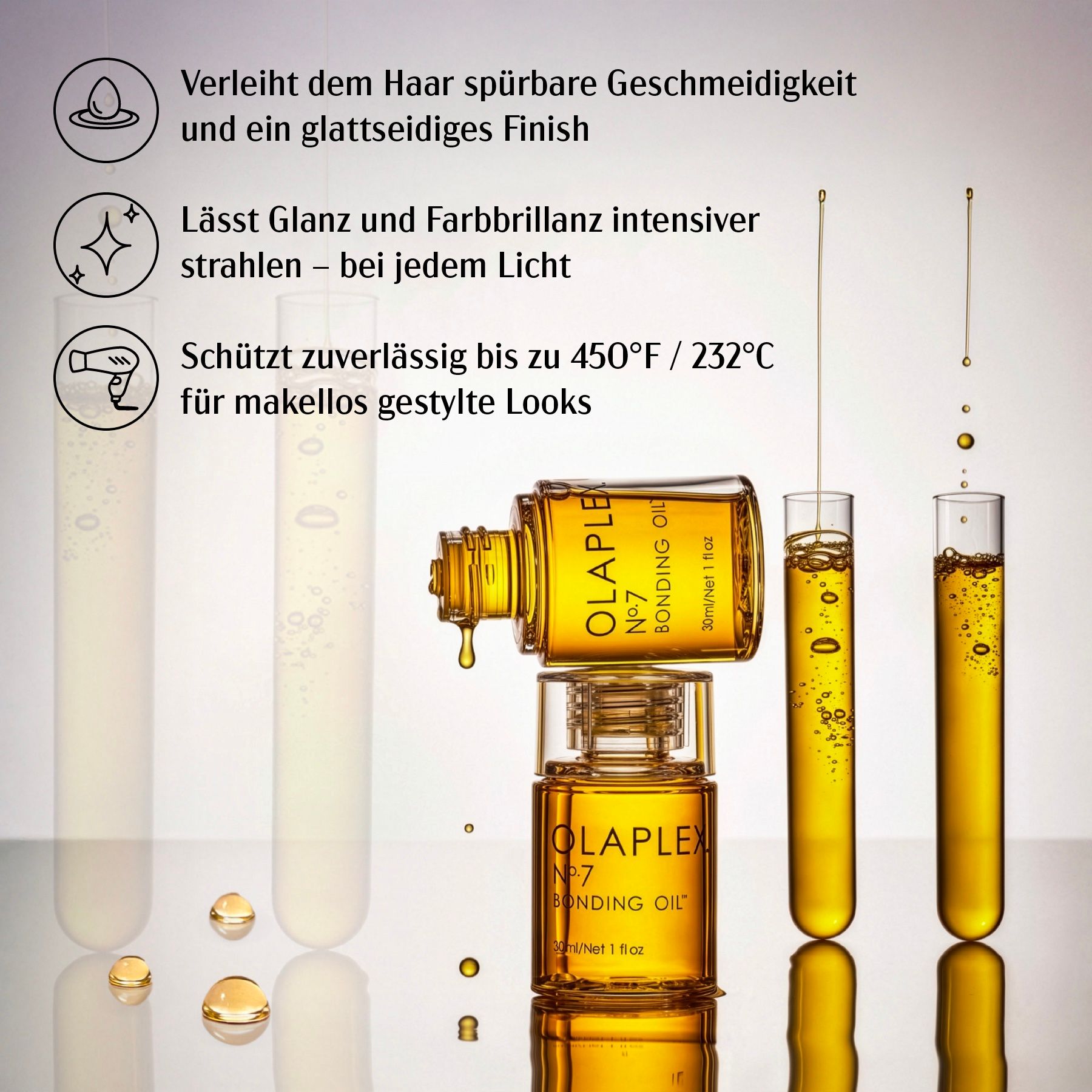 Drei Flaschen Olaplex Nr. 7 Bonding Oil. Gelbes Öl in Reagenzgläsern. Text: Glanz, Farbrillanz, Hitzeschutz.