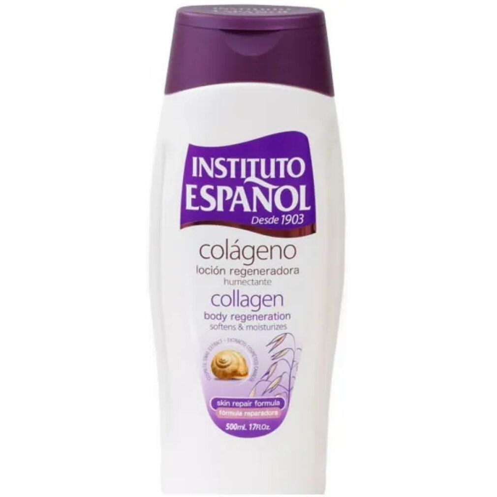Weiß-lila Flasche Instituto Español Collagen Body Lotion. Text: Colágeno, body regeneration, skin repair formula. 500ml.