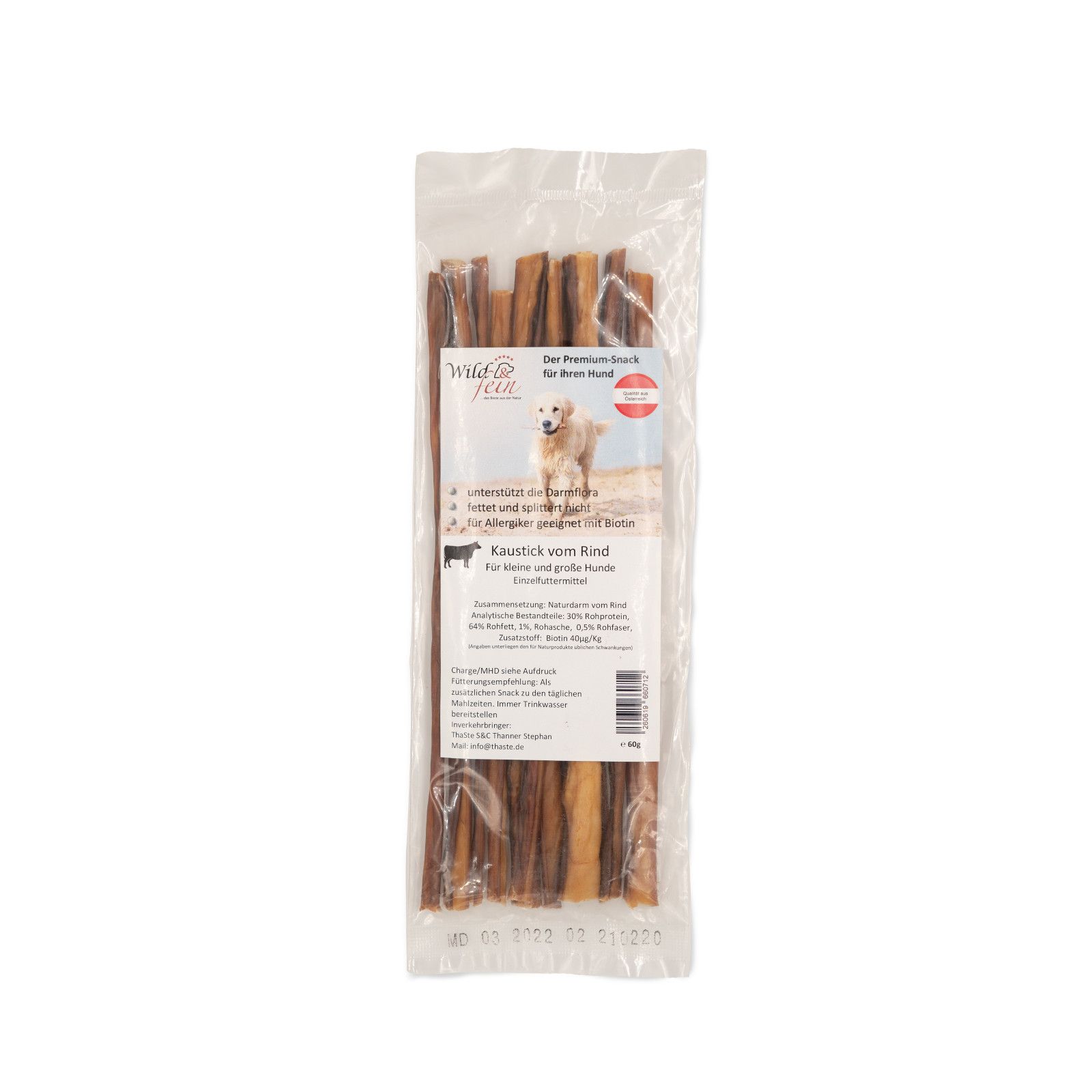 Verpackung mit Kausticks vom Rind. Klare Folie, Produktname und Logo sichtbar. Textinformationen und Abbildung eines Hundes.