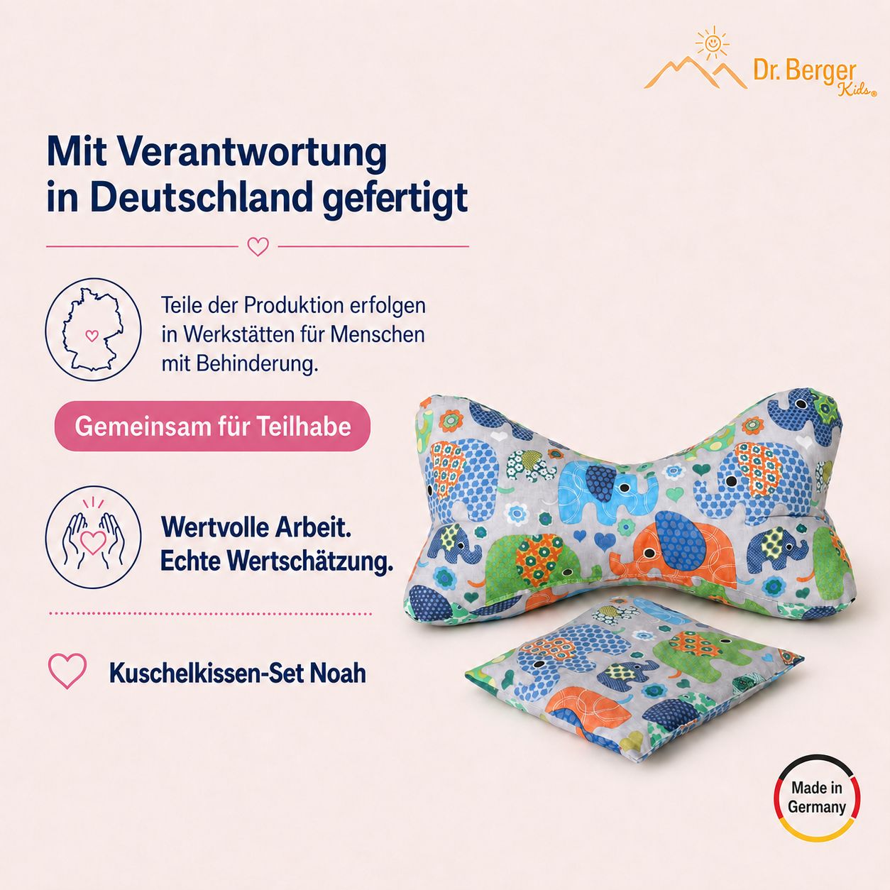 Kuschelkissen-Set "Noah" mit Elefantenmuster, hergestellt in Deutschland.