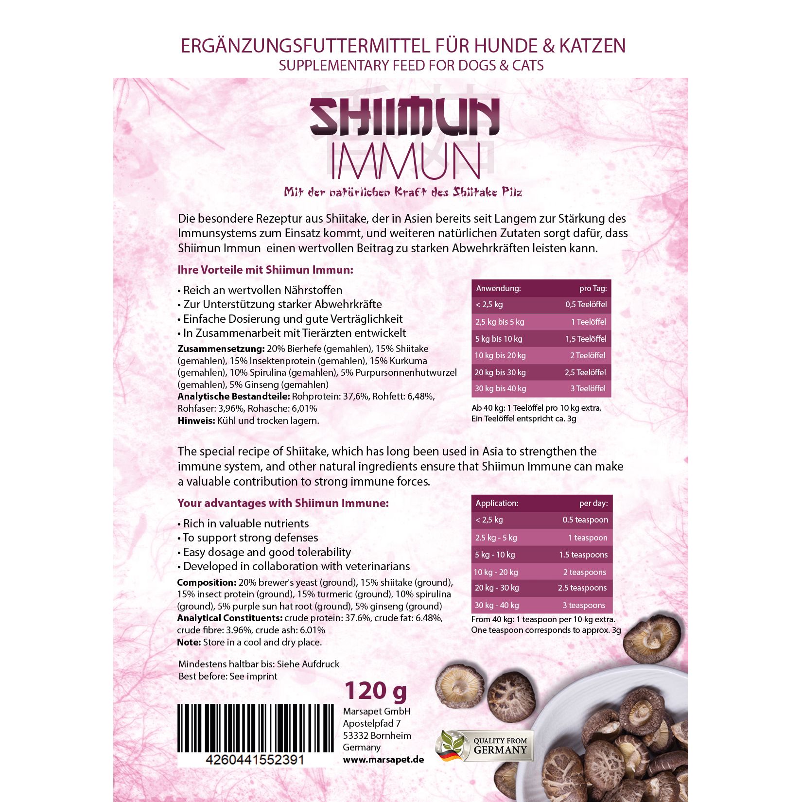 Produktverpackung von Shiimun Immun. Text: Ergänzungsfuttermittel für Hunde & Katzen. 120g. Inhaltsstoffe, Anwendungshinweise, Hergestellt in Deutschland.