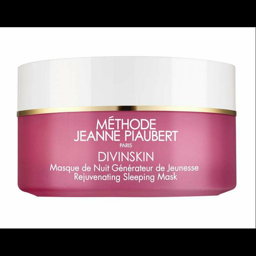 Rosa Tiegel mit weißem Deckel. Aufschrift: Methode Jeanne Piaubert, Divinskin, Masque de Nuit Générateur de Jeunesse, Rejuvenating Sleeping Mask.