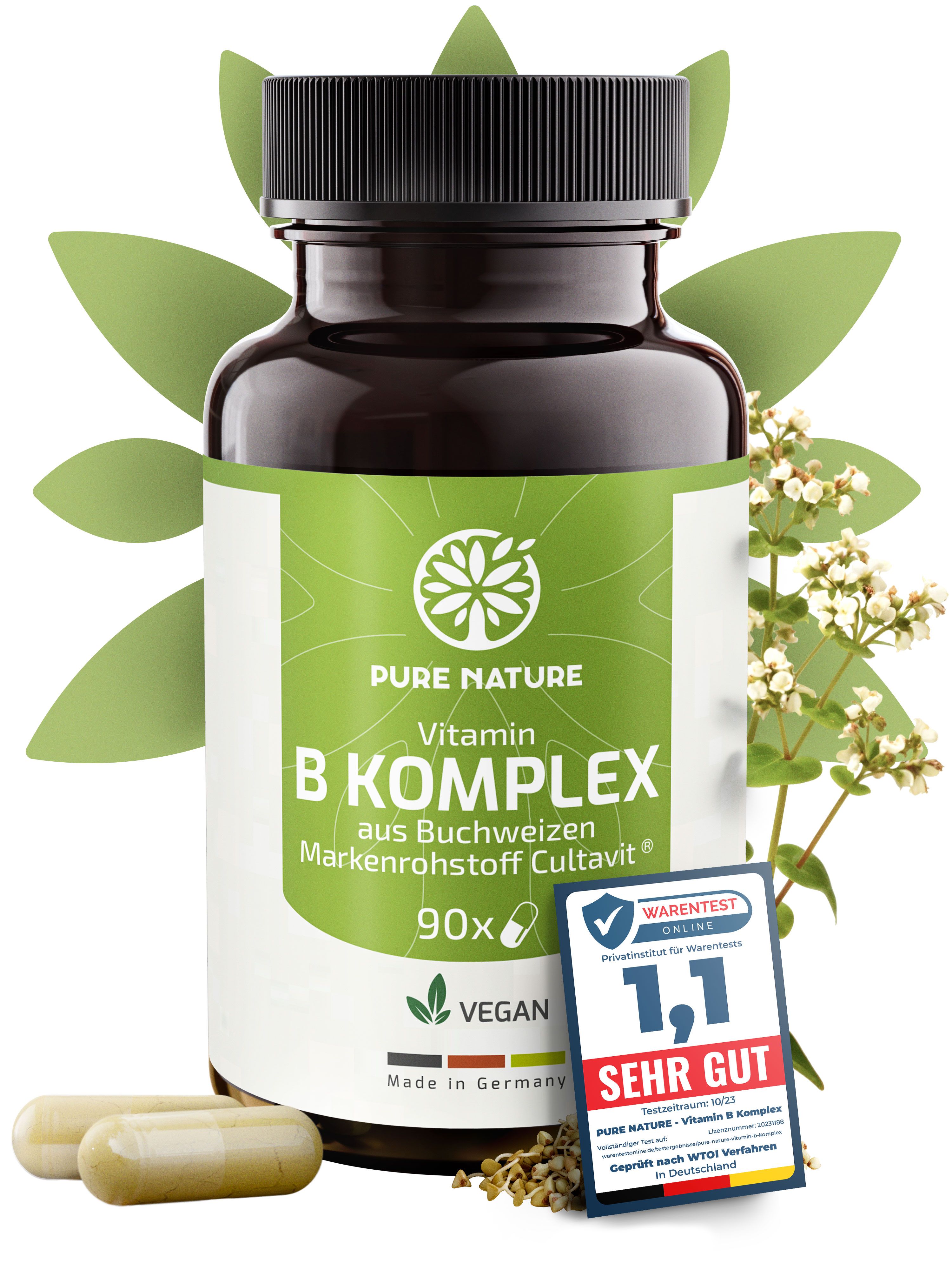 Pure Nature Vitamin B Komplex Flasche mit 90 Kapseln, vegan, aus Buchweizen.